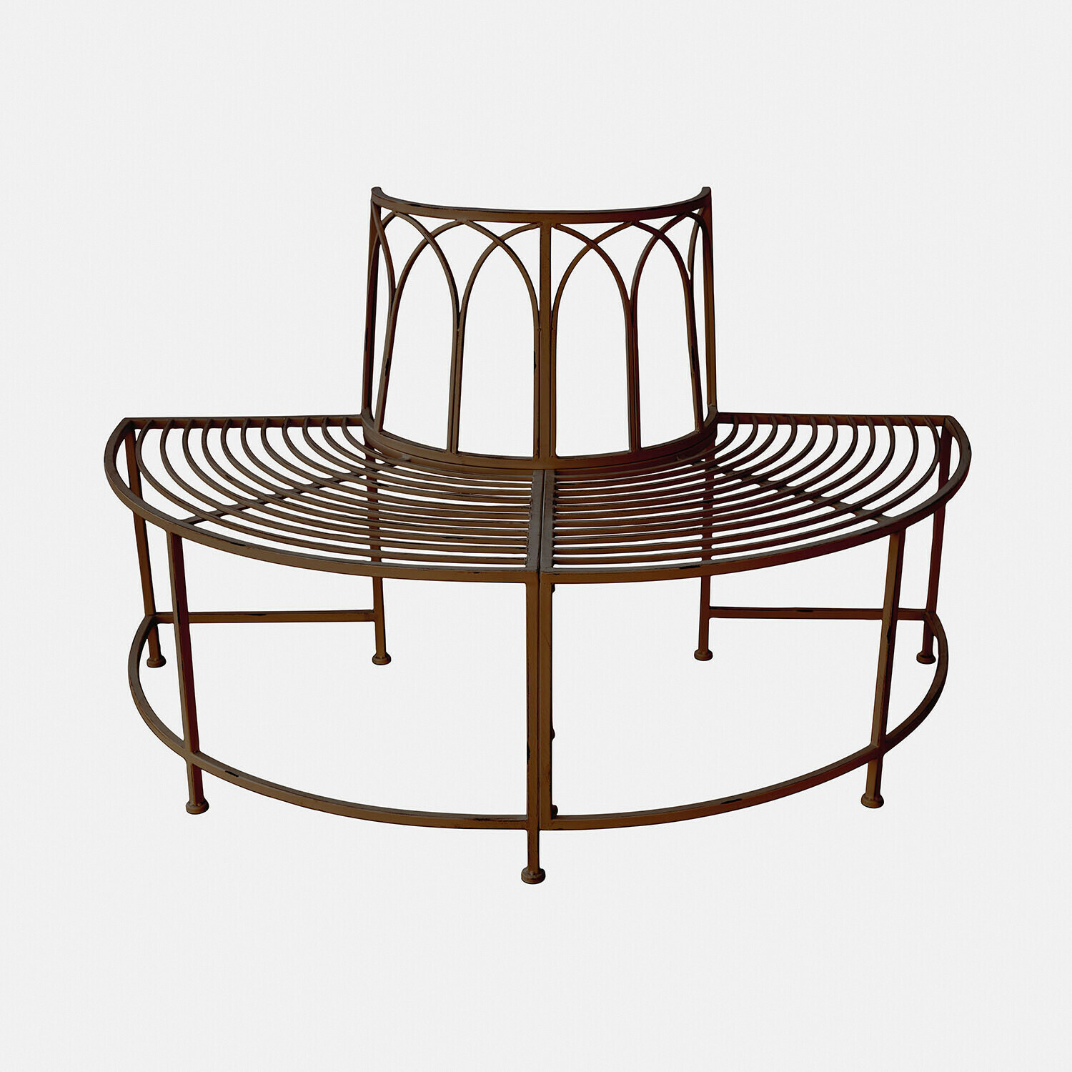 marron vieilli Banc circulaire Sherburne en métal brun avec dossier décoratif, parfait pour jardin ou parc