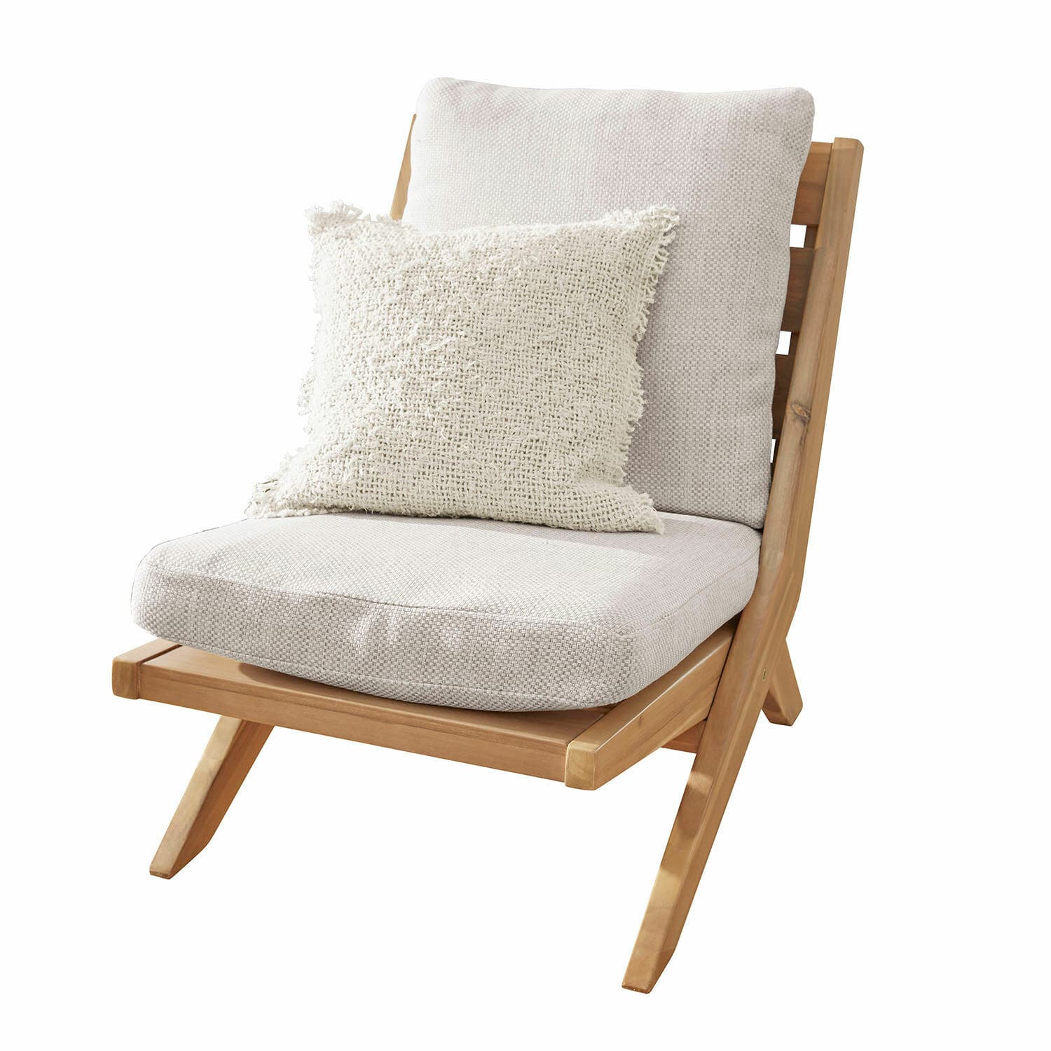Chaise lounge FSC®-100% Montivaux Chaise en bois clair avec coussin crème et coussin décoratif en tissu, meuble d'intérieur élégant