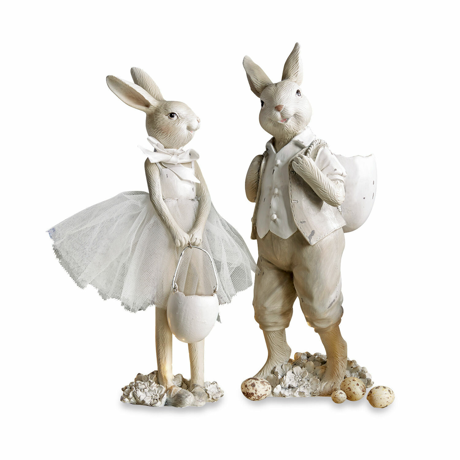 Lot de 2 lapins Perpignan Figurines de lapins en résine beige avec jupe en tulle et panier à œufs de Pâques décoratifs