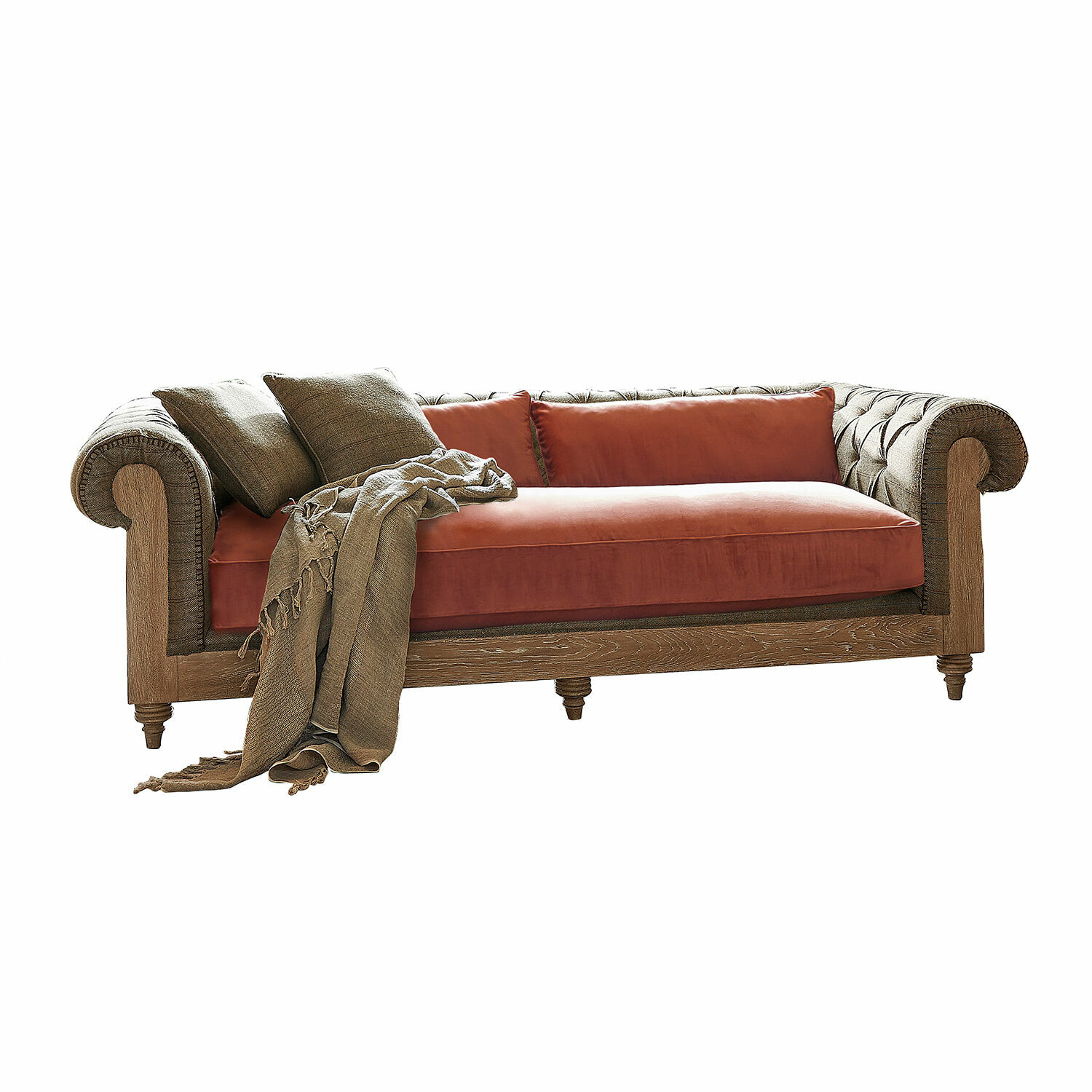 hnědá/terakota Canapé Kanani en tissu marron avec coussins terracotta et cadre en bois, style vintage