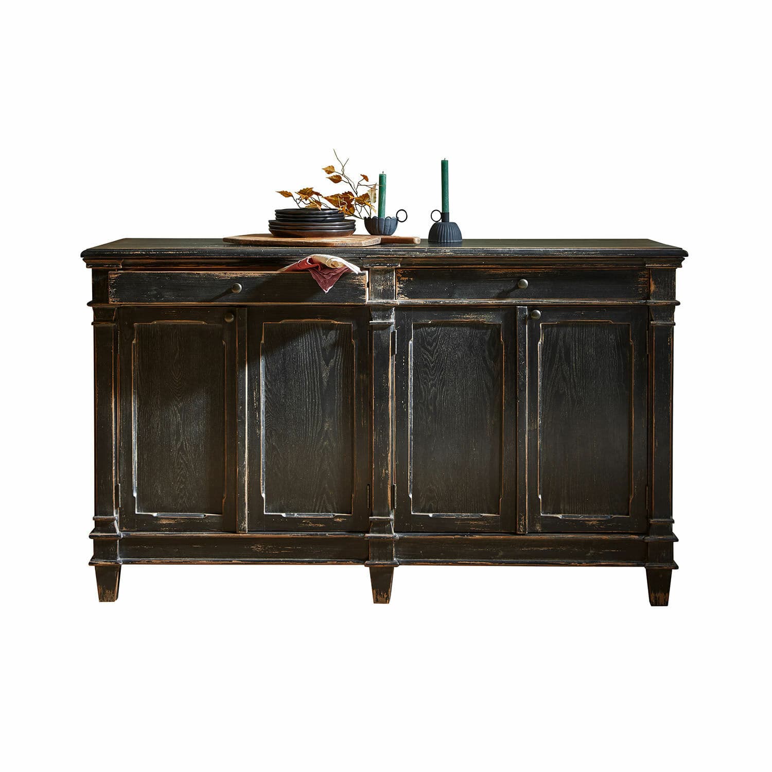 Buffet bas Chaveline Buffet en bois noir vieilli avec quatre portes, style vintage pour salon élégant