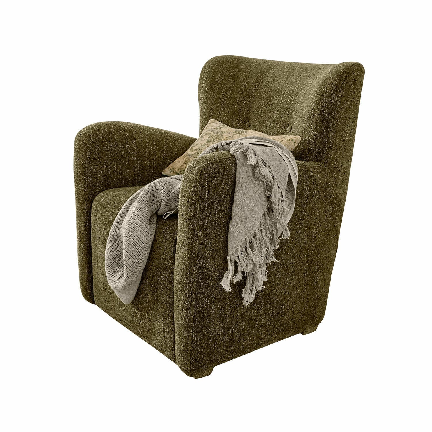 Fauteuil Somberac Fauteuil vert en tissu doux avec plaid gris sur l'accoudoir pour un salon confortable