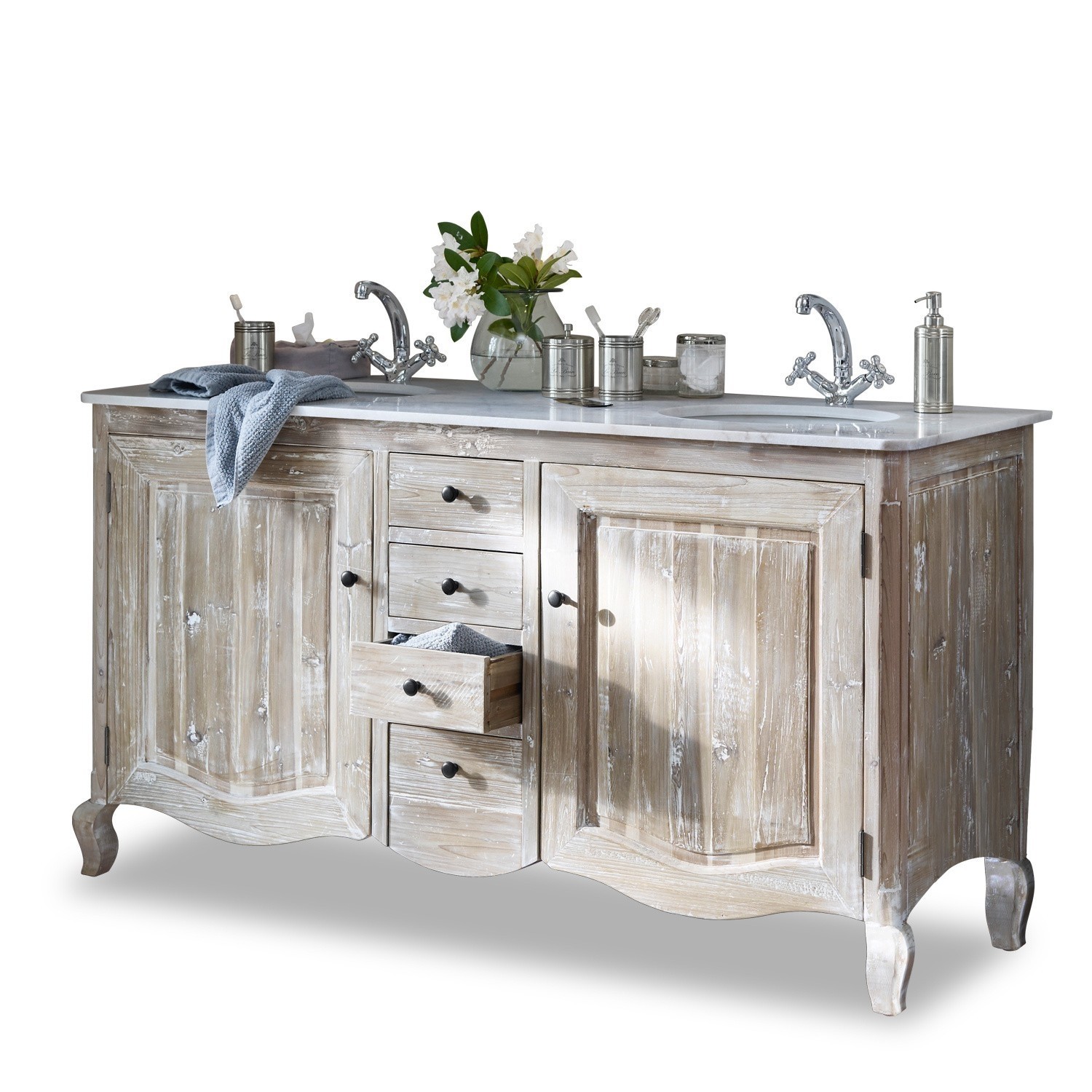 Meuble à double-vasque Herrick Meuble de salle de bain en bois avec plan blanc et deux robinets chromés, style vintage