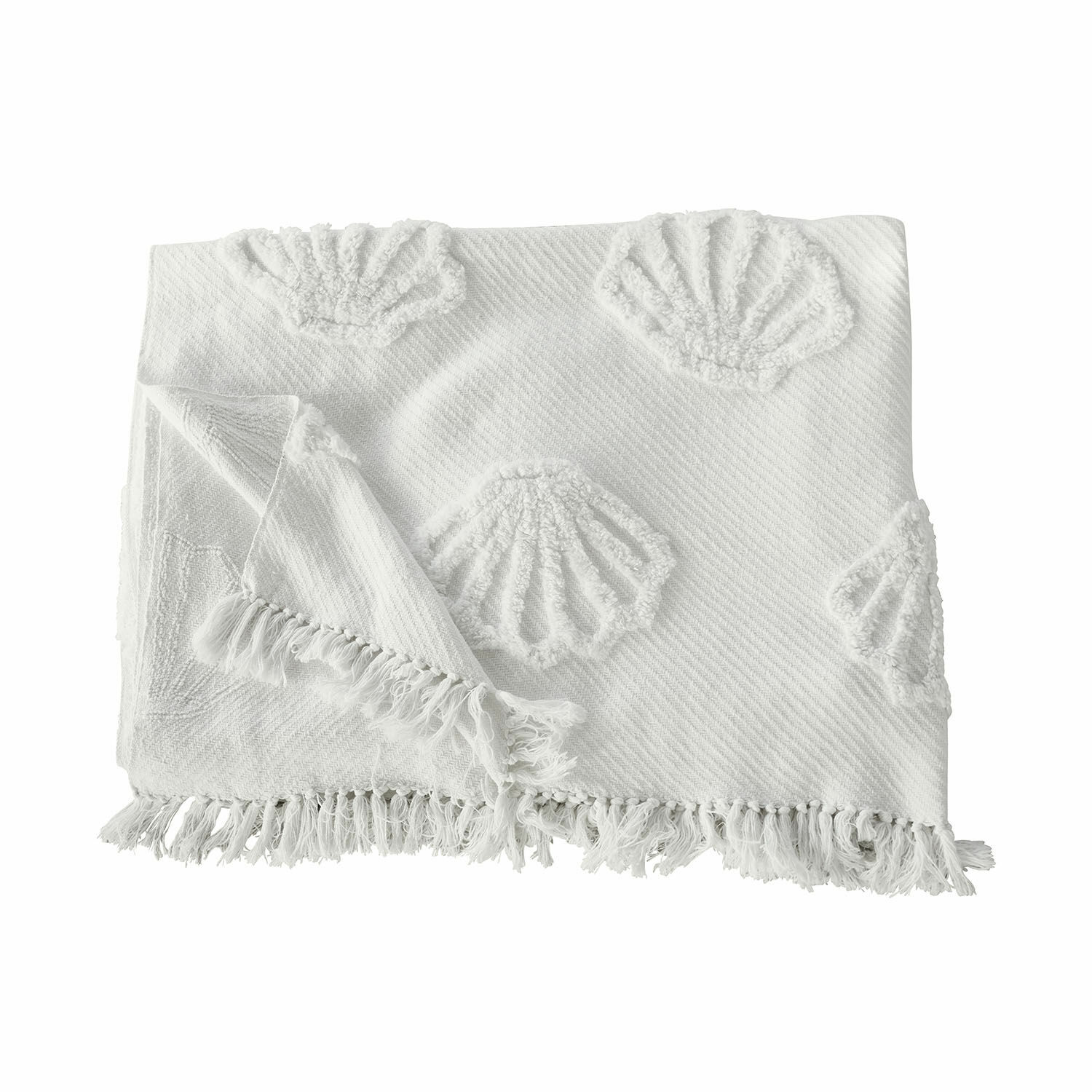 Plaid Saroufa Plaid blanc en coton avec motifs coquillages en relief et franges, textile doux pour décoration intérieure