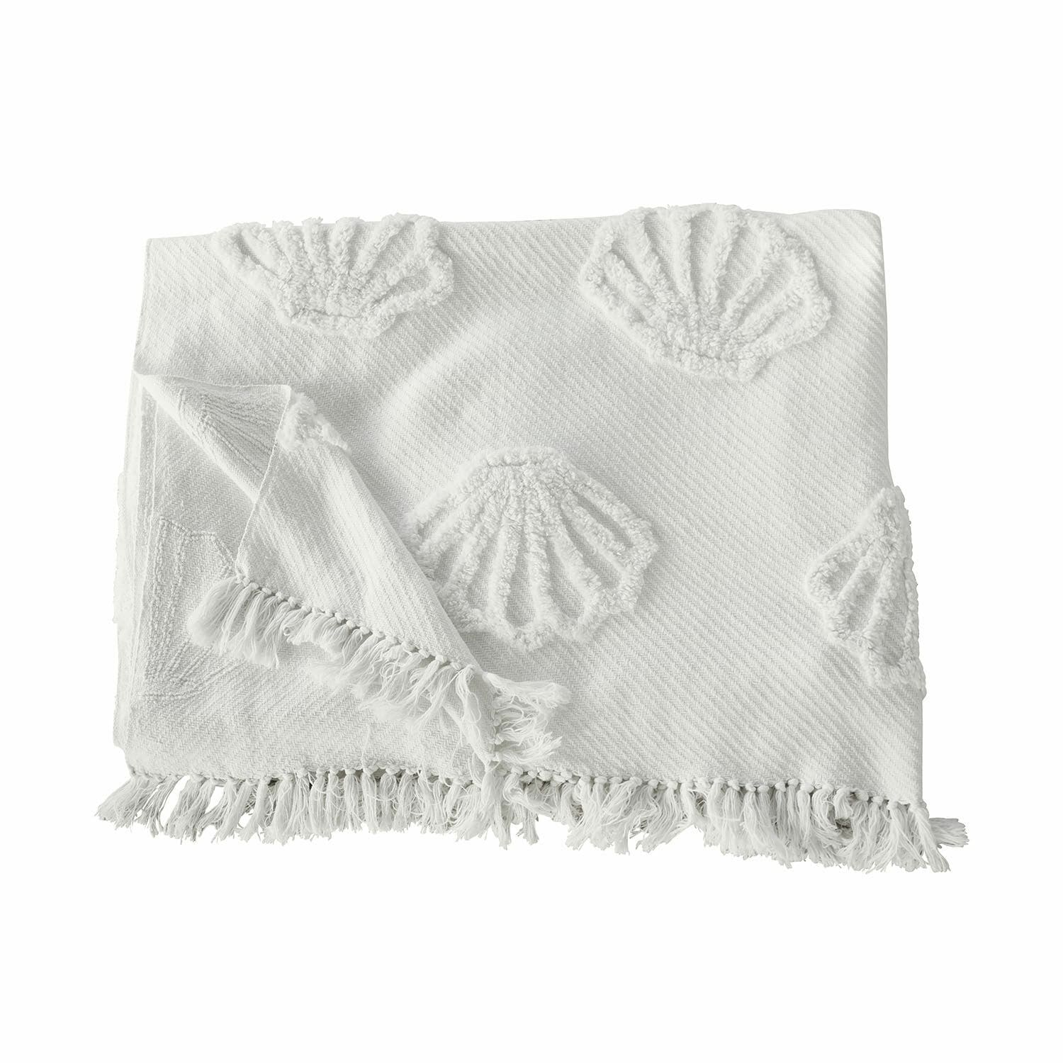 Plaid Saroufa Plaid blanc en coton avec motifs coquillages en relief et franges, textile doux pour décoration intérieure