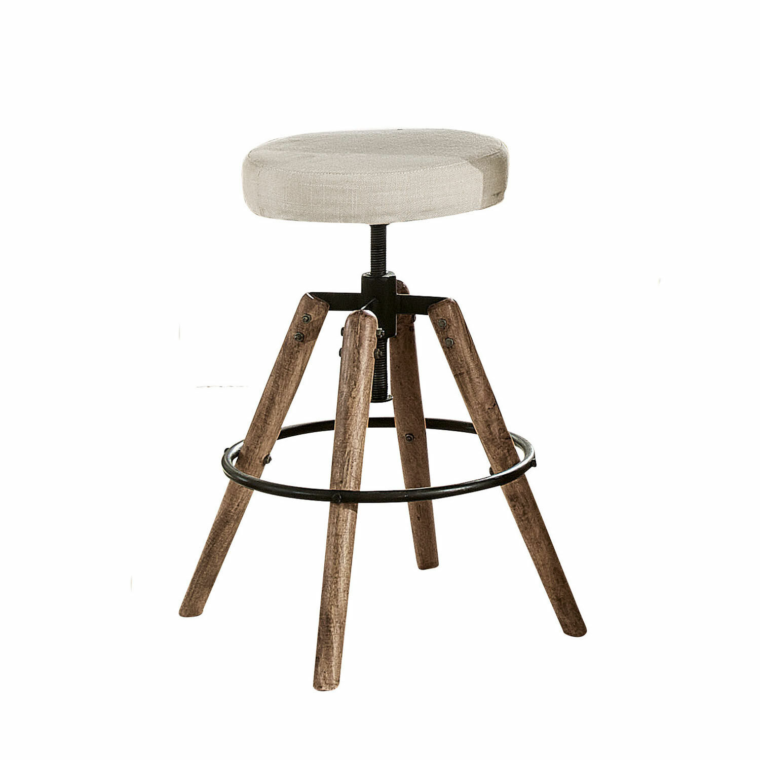 blanc/marron Tabouret Twist avec pieds en bois et assise rembourrée blanche, style industriel moderne