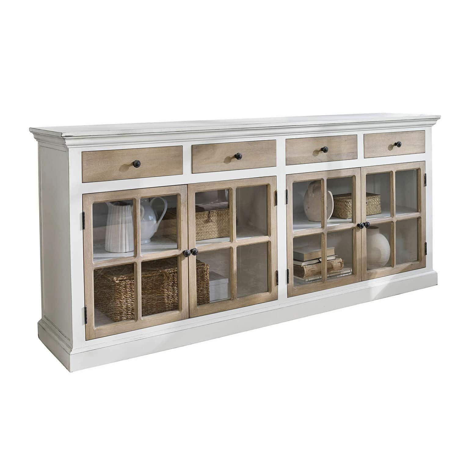 Commode Marshwood Buffet en bois blanc avec tiroirs et portes vitrées dans un style rustique élégant