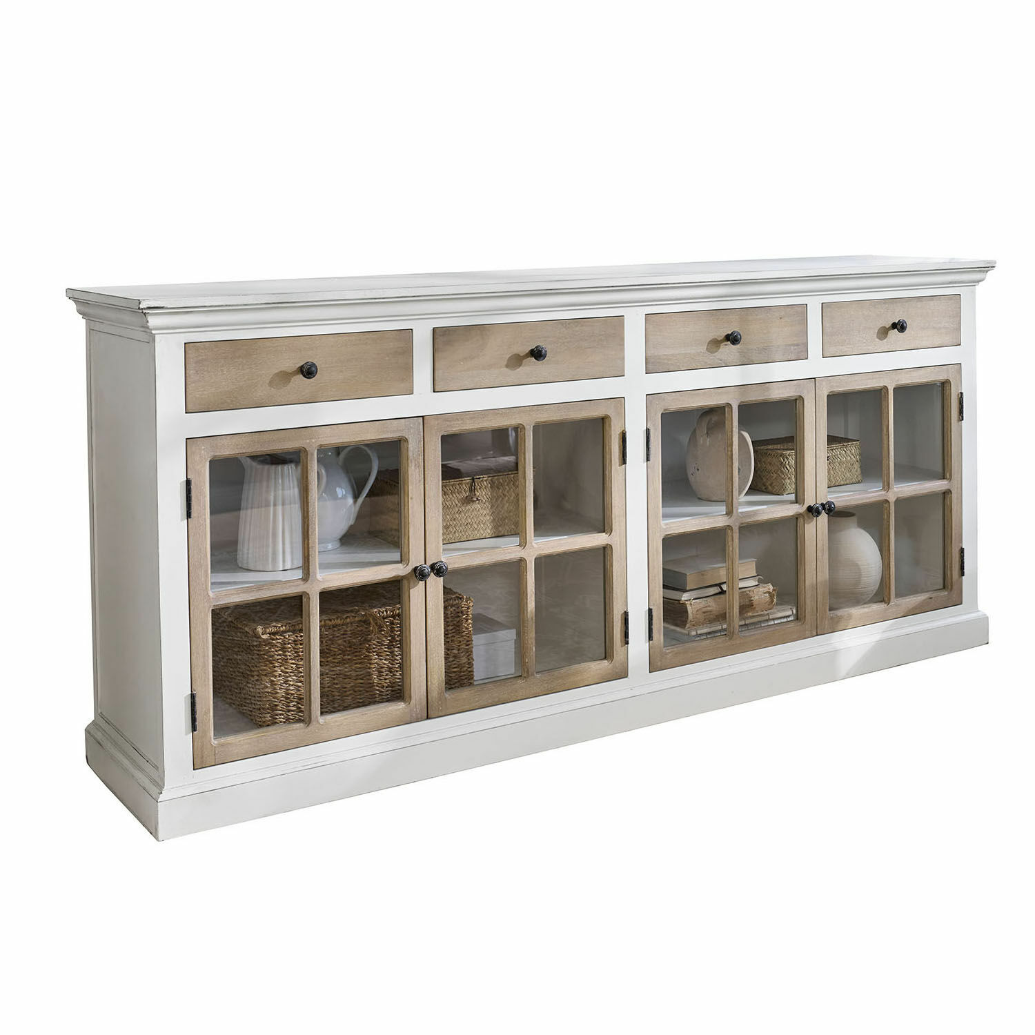 Commode Marshwood Buffet en bois blanc avec tiroirs et portes vitrées dans un style rustique élégant