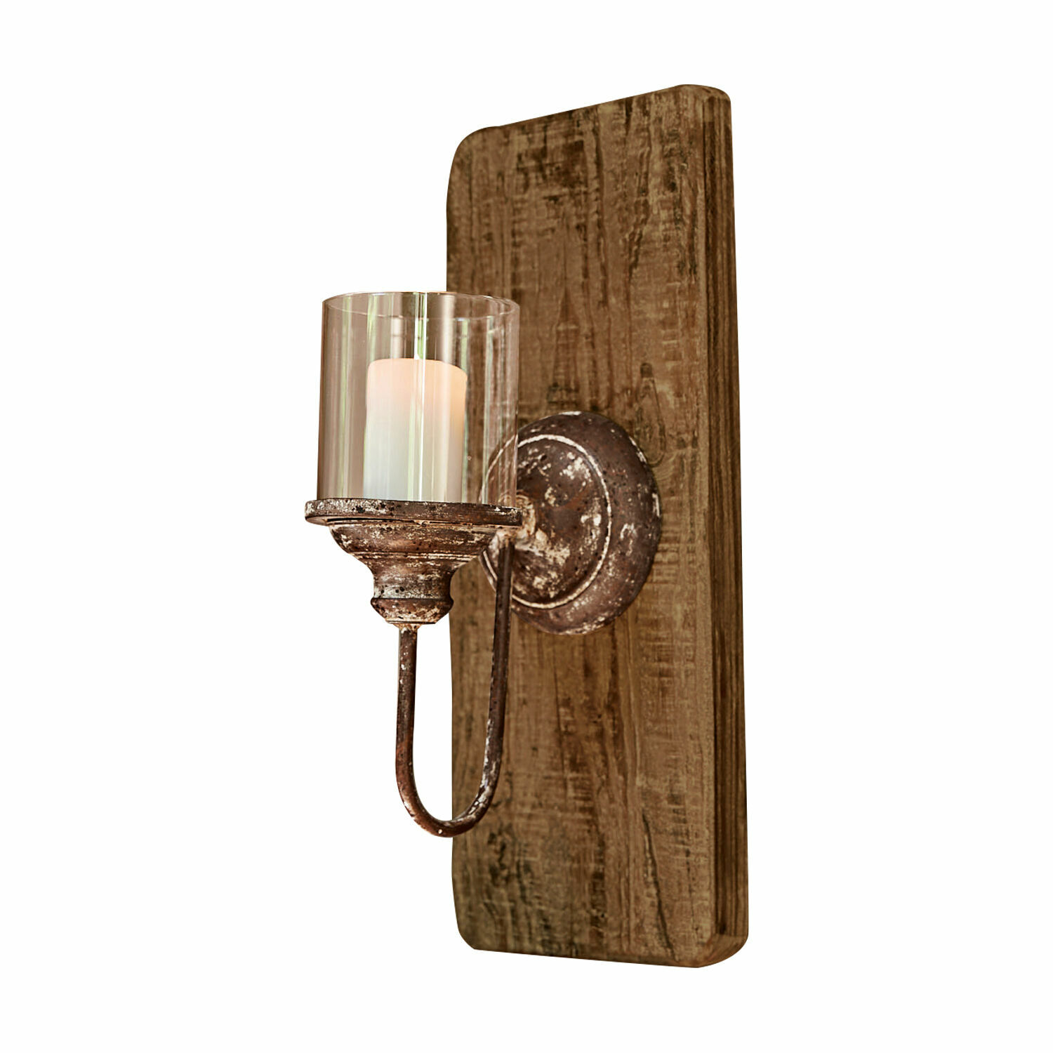 Chandelier mural Vios Applique murale rustique en bois et métal marron avec protection en verre pour bougie