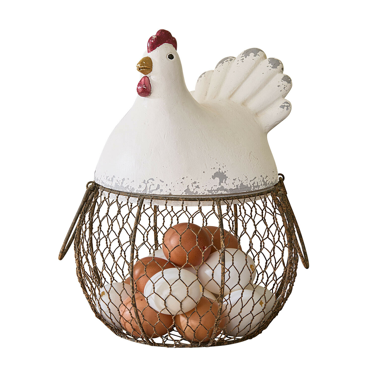 Panier Chavéreau Panier à œufs en métal en forme de poule blanche avec crête rouge et effet rouillé, décoration rustique