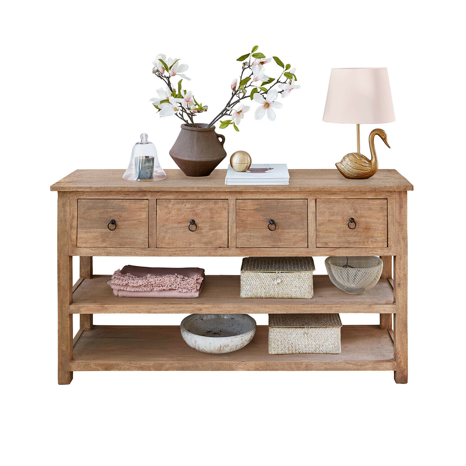 Console Montavelle Console en bois avec quatre tiroirs, lampe et vase décoratif avec fleurs blanches et roses