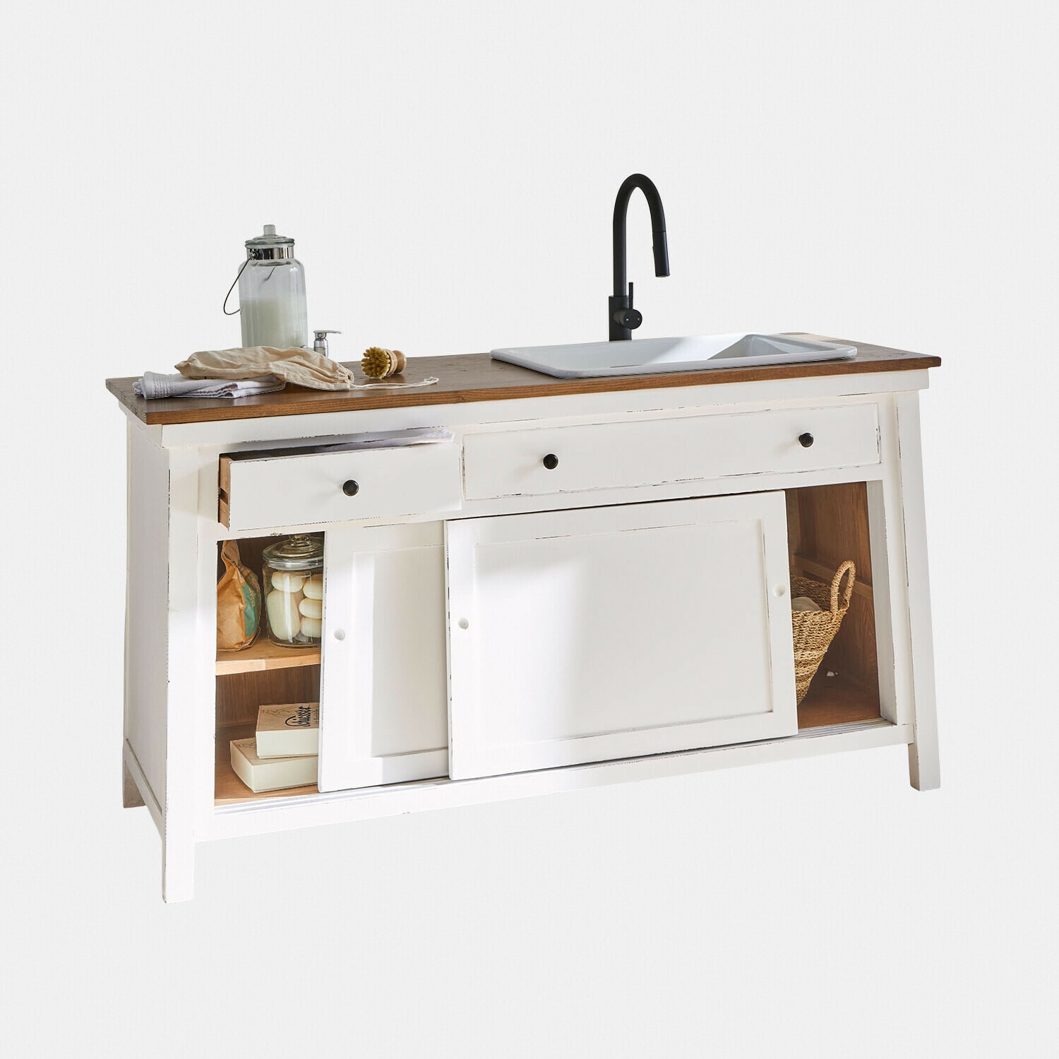 Meuble et vasque Célaron Meuble en bois blanc avec plan en bois foncé, lavabo en céramique blanche et robinet noir
