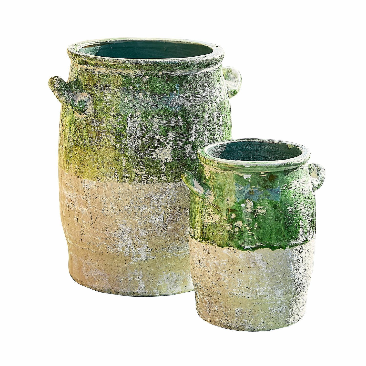Lot de 2 vases Reefton Ensemble de deux pots en céramique vert et beige avec poignées, décoration de jardin rustique