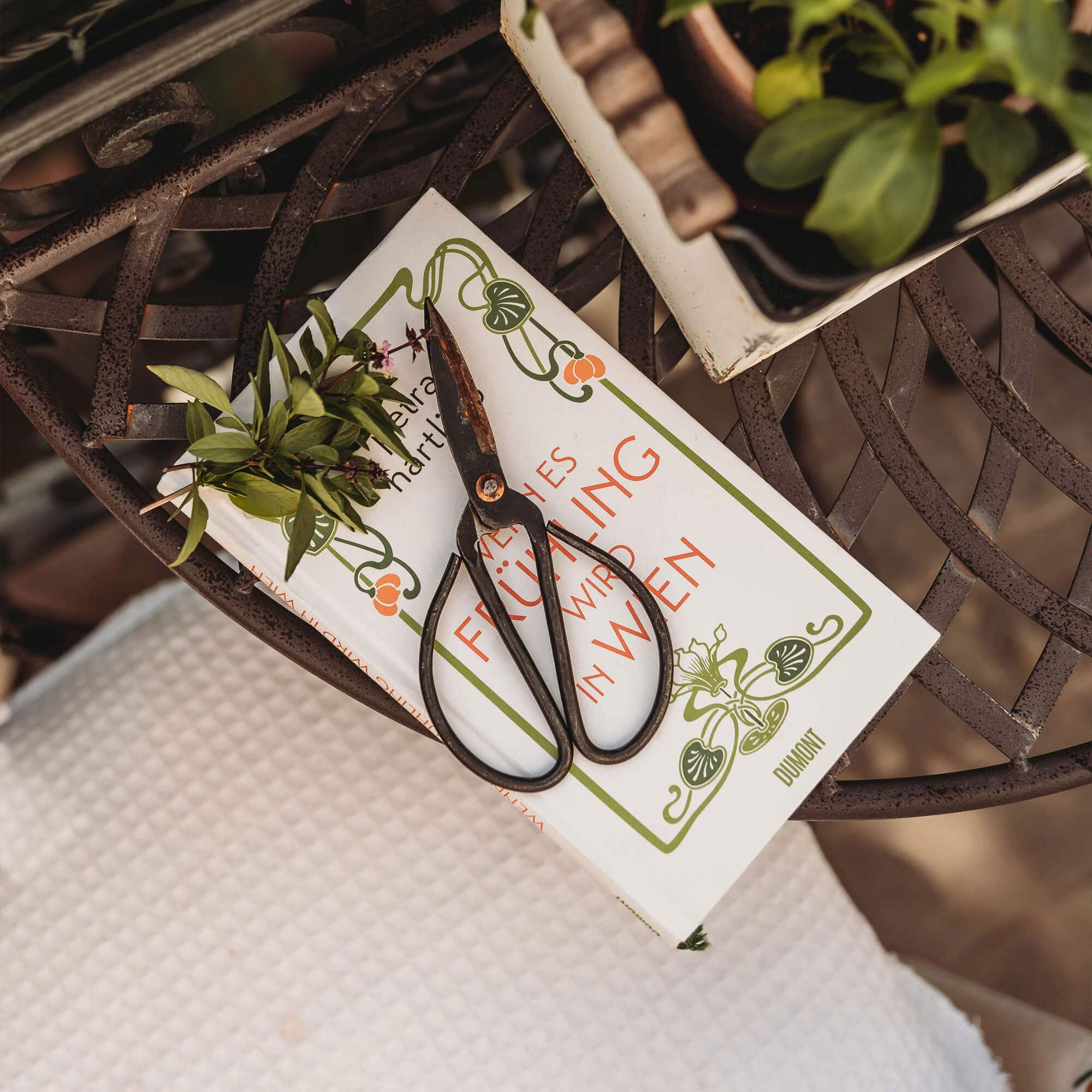 Ciseaux de jardinage en métal ancien posés sur un livre printanier sur une table en métal rustique