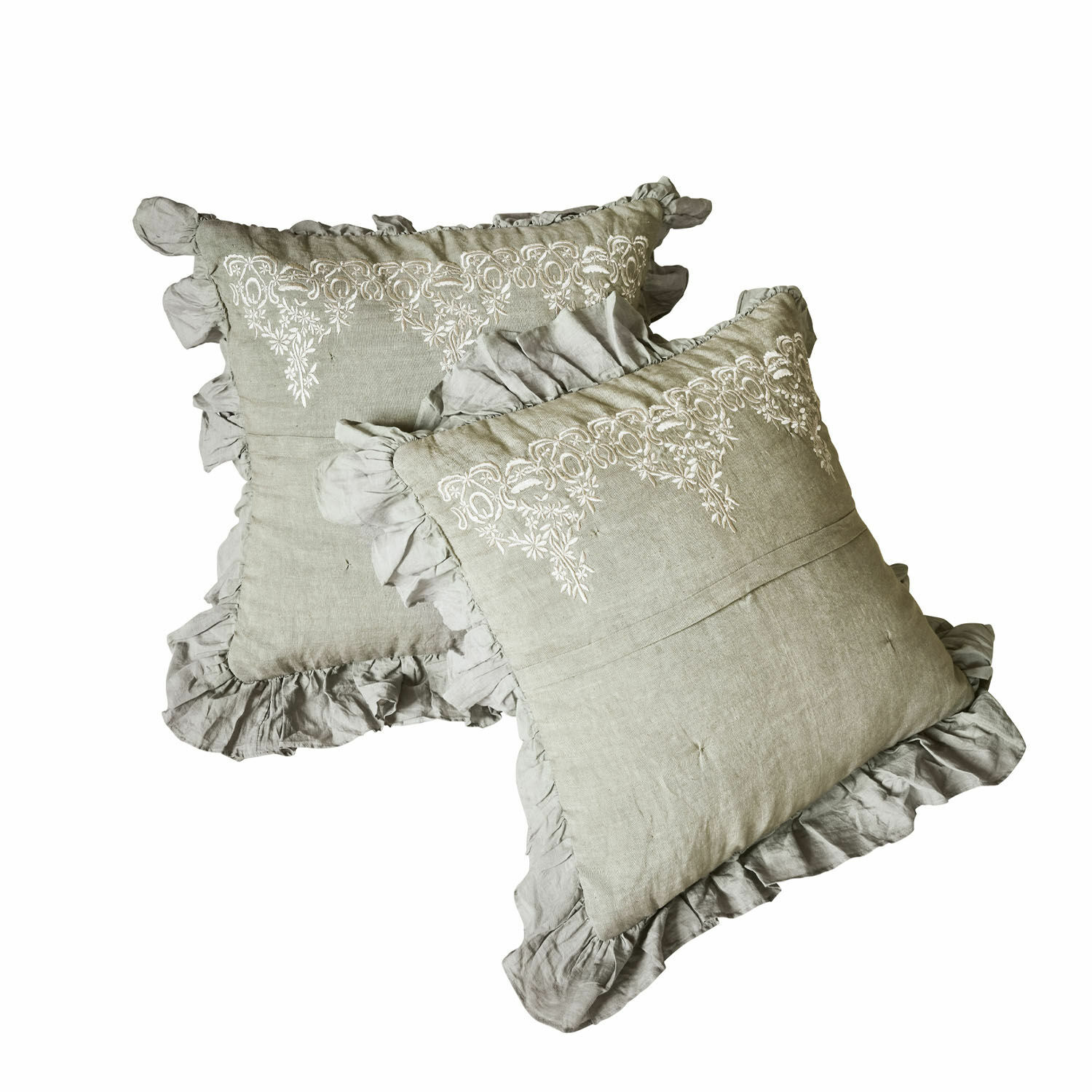 Lot de 2 housses de coussins Therese Ensemble de deux coussins décoratifs en lin gris avec broderie et volant décoratif