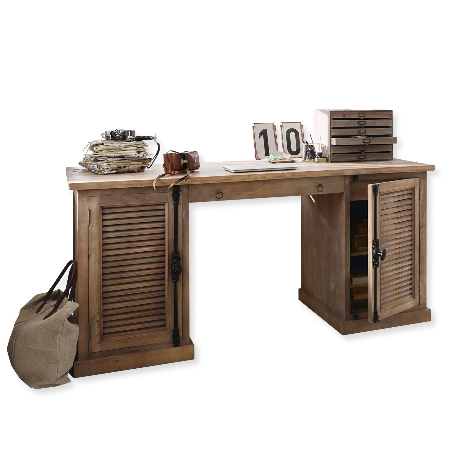 Bureau Woodmore Bureau en bois de manguier couleur naturelle avec tiroirs et armoires pour rangement de documents