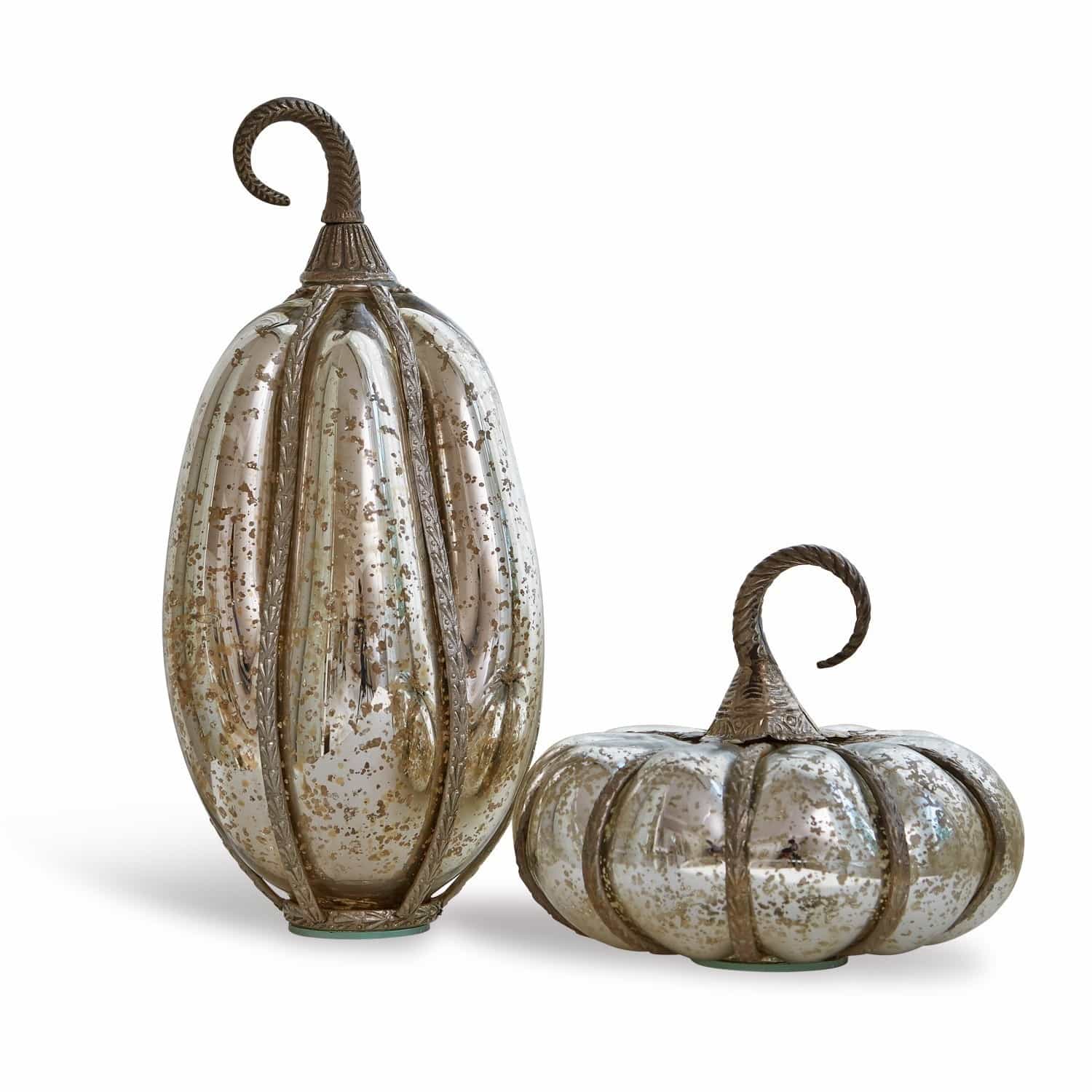 Lot de 2 citrouilles Kiyo Décorations citrouilles en verre et métal argenté avec effet vieilli pour décoration automnale élégante