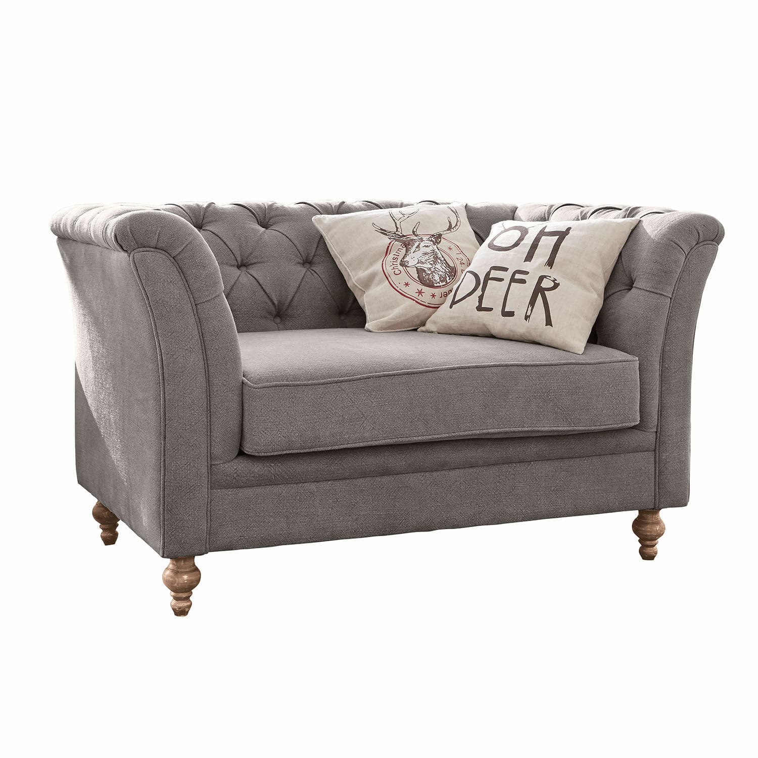 Canapé Clères Canapé gris en tissu avec dossier capitonné et pieds en bois, décoré de coussins imprimés cerf