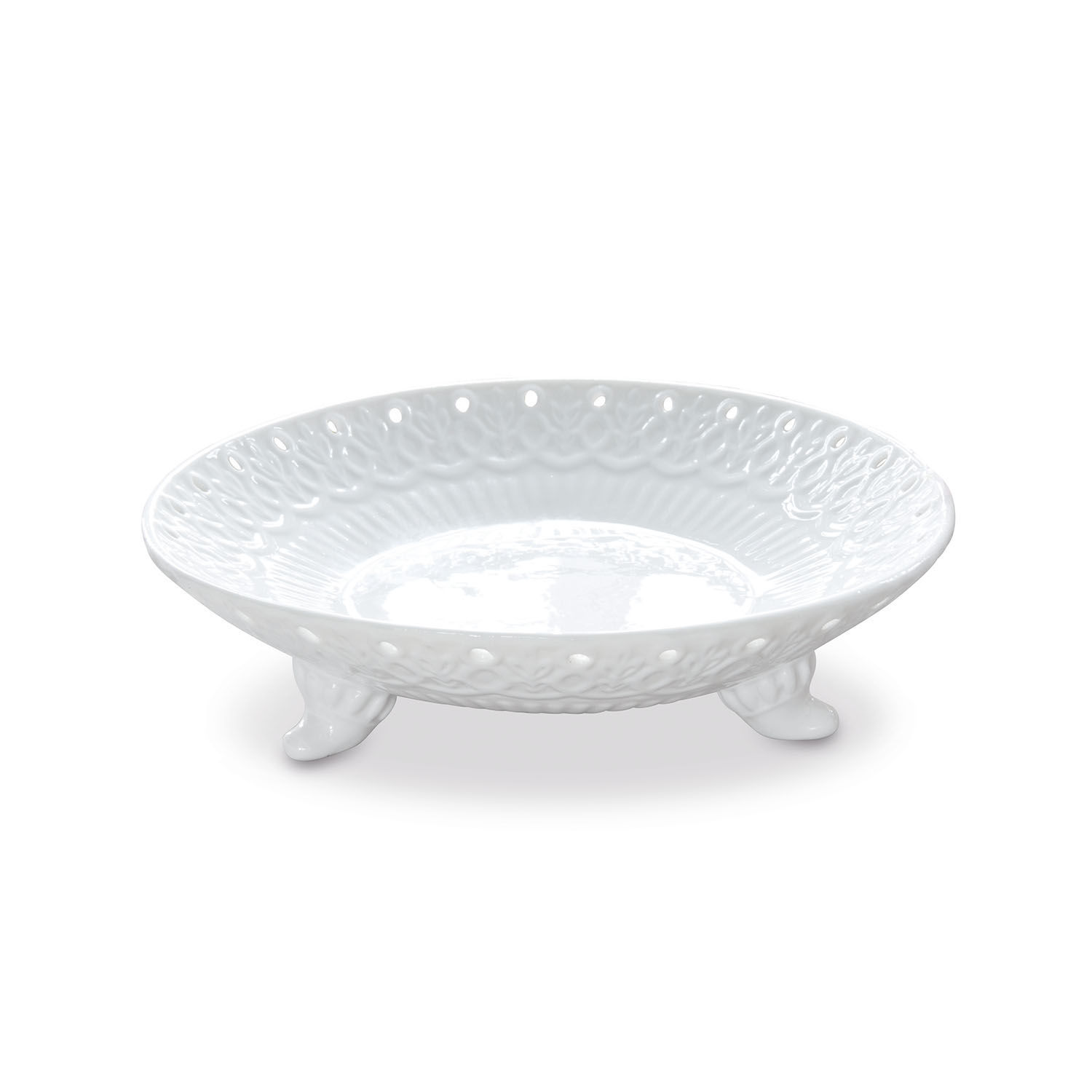 Plat en céramique blanche sur trois pieds avec motif décoratif, parfait pour la décoration et le service