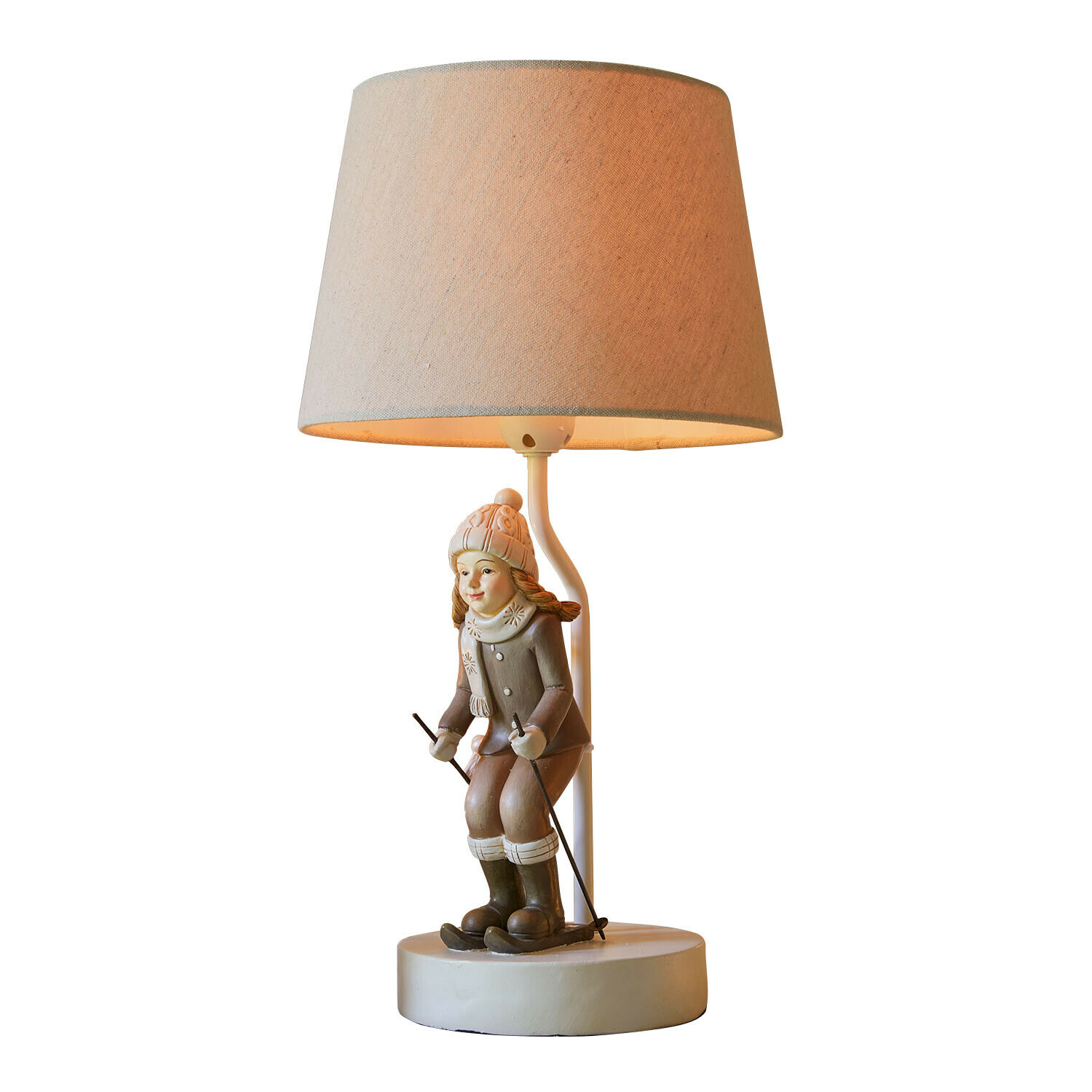 Lampe à poser Avirae Lampe de table avec figurine de skieuse beige et abat-jour en tissu, décoration hivernale
