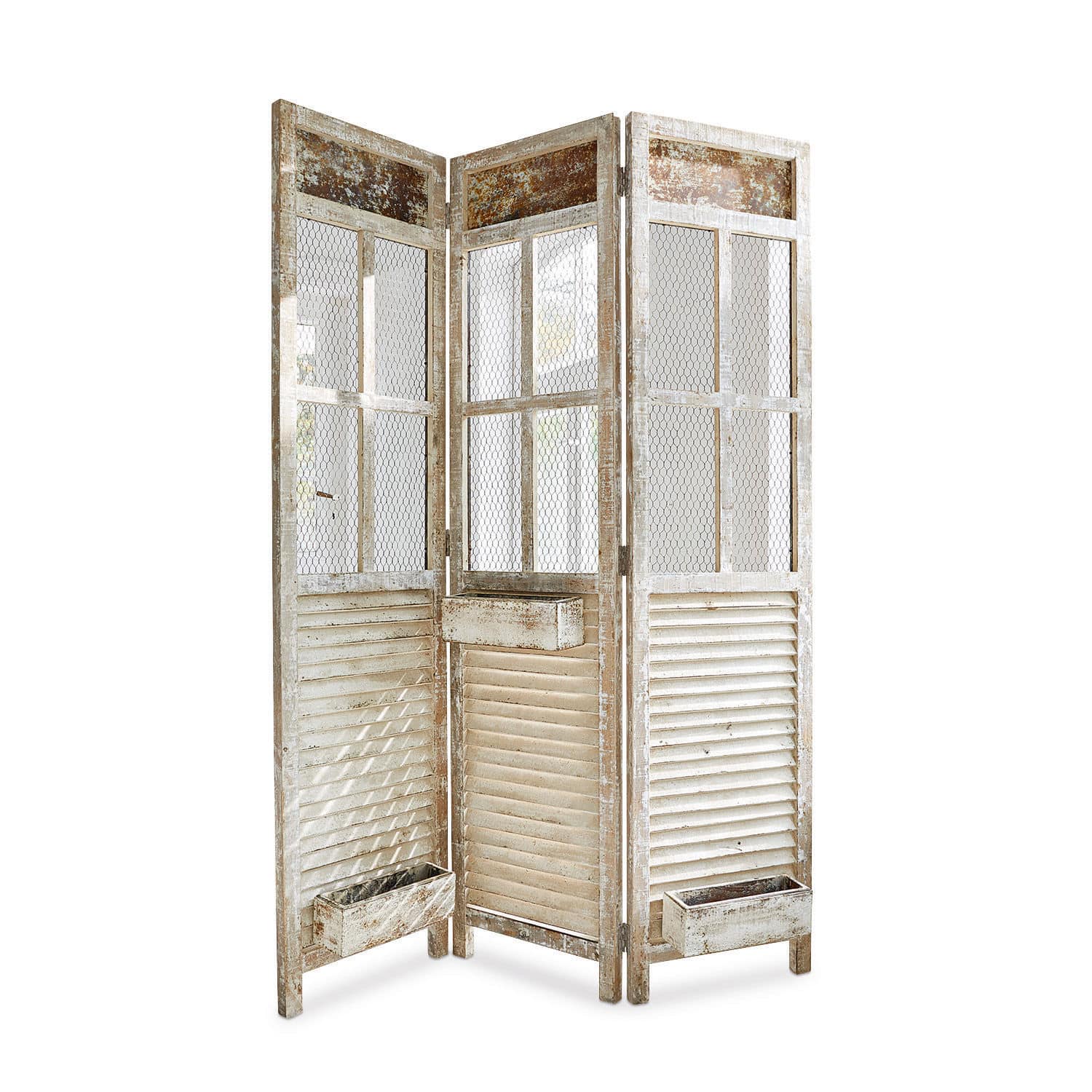 Paravent Cerveris Paravent trois panneaux en bois et métal blanc vieilli pour décoration intérieure rustique
