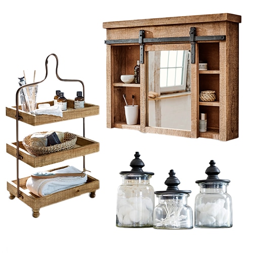 Ensemble salle de bain en bois avec miroir, étagère, porte-serviettes et bocaux en verre pour cosmétiques