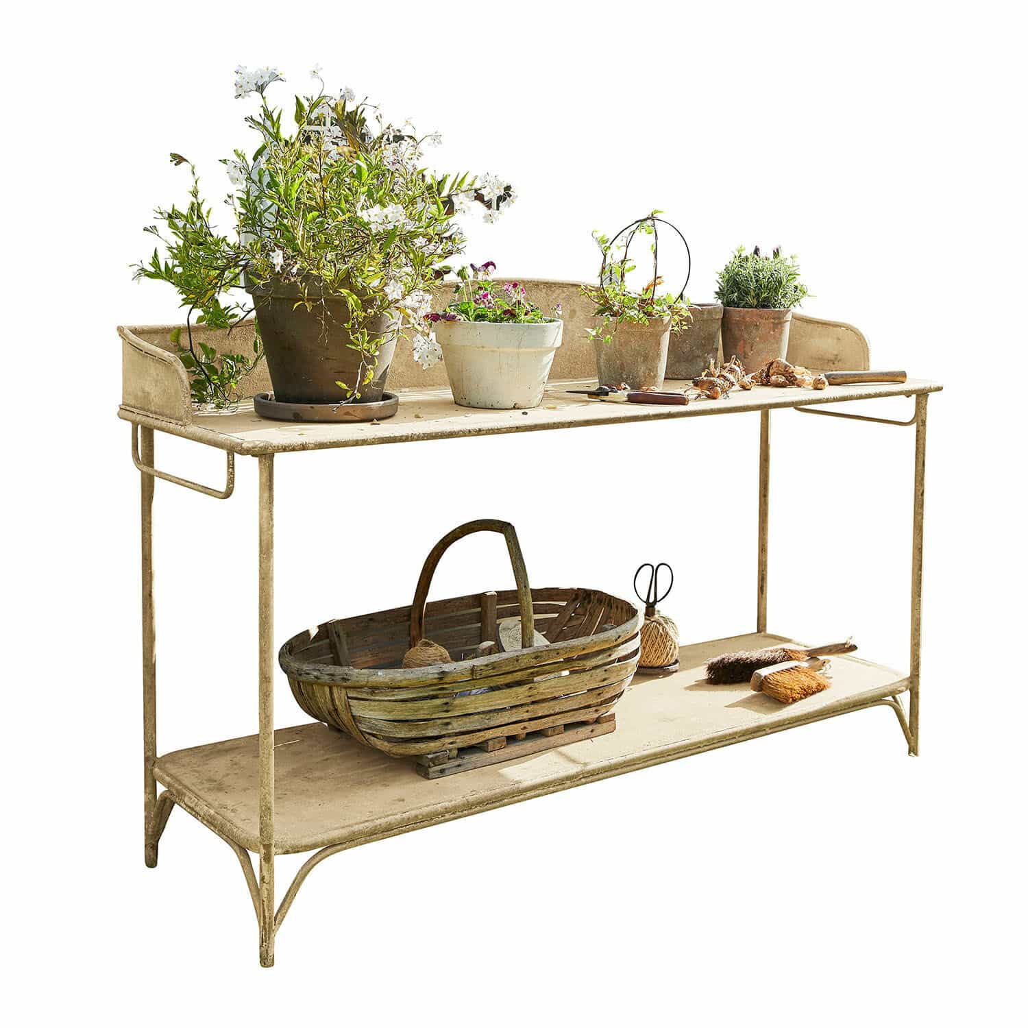 Table de rempotage Banners Table de jardin en métal beige avec pots de fleurs et panier en osier pour jardinage