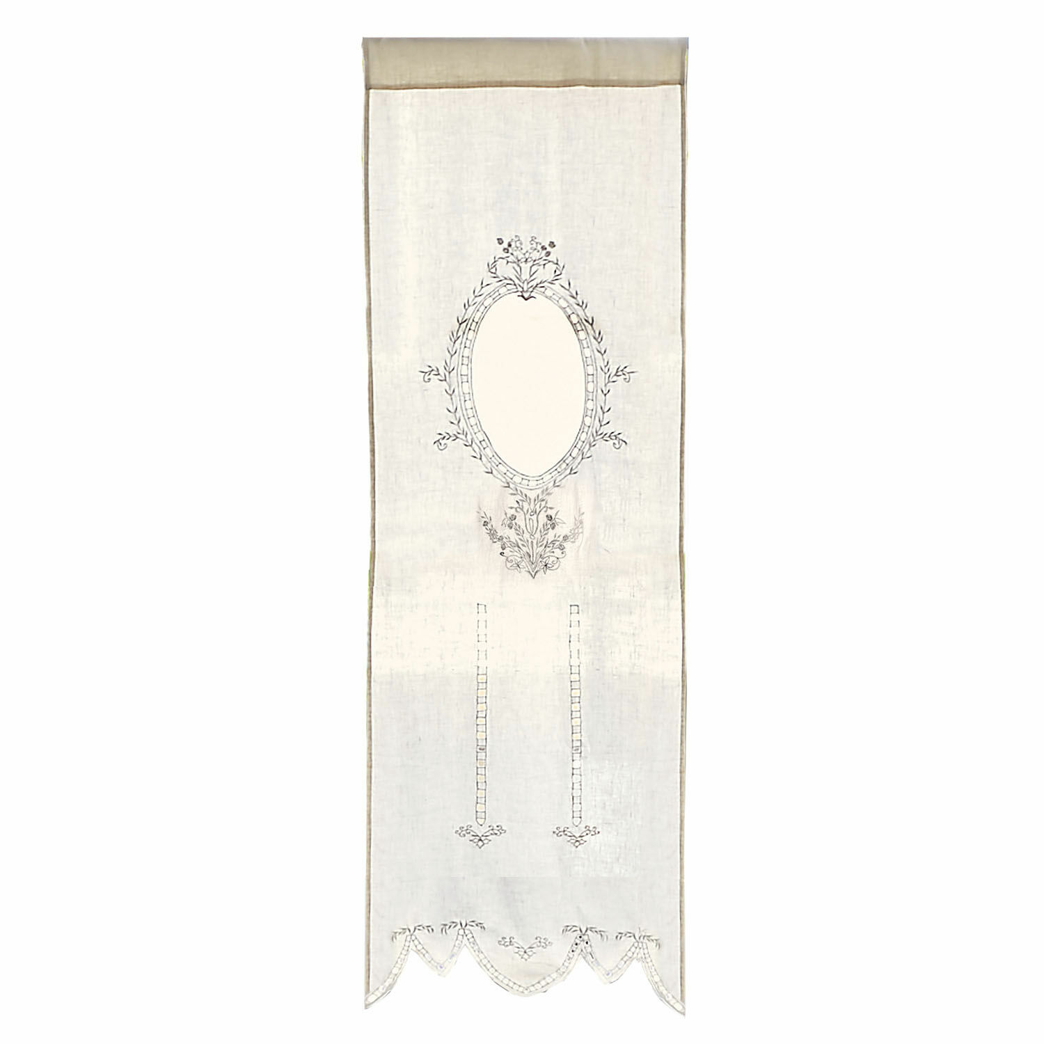 Voilage Loiret Panneau décoratif en lin beige avec motif ovale brodé et bordure décorative pour intérieur