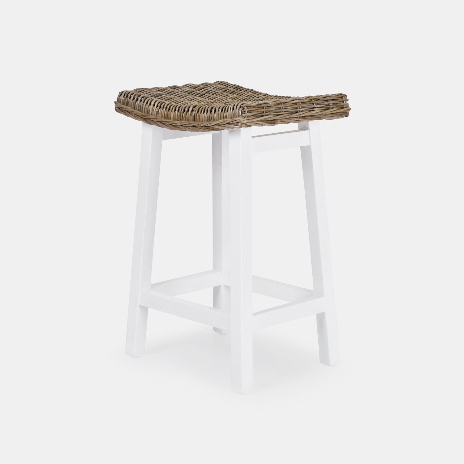 Tabouret Arovian Tabouret de bar en bois blanc avec assise en rotin tressé marron, meuble de cuisine élégant