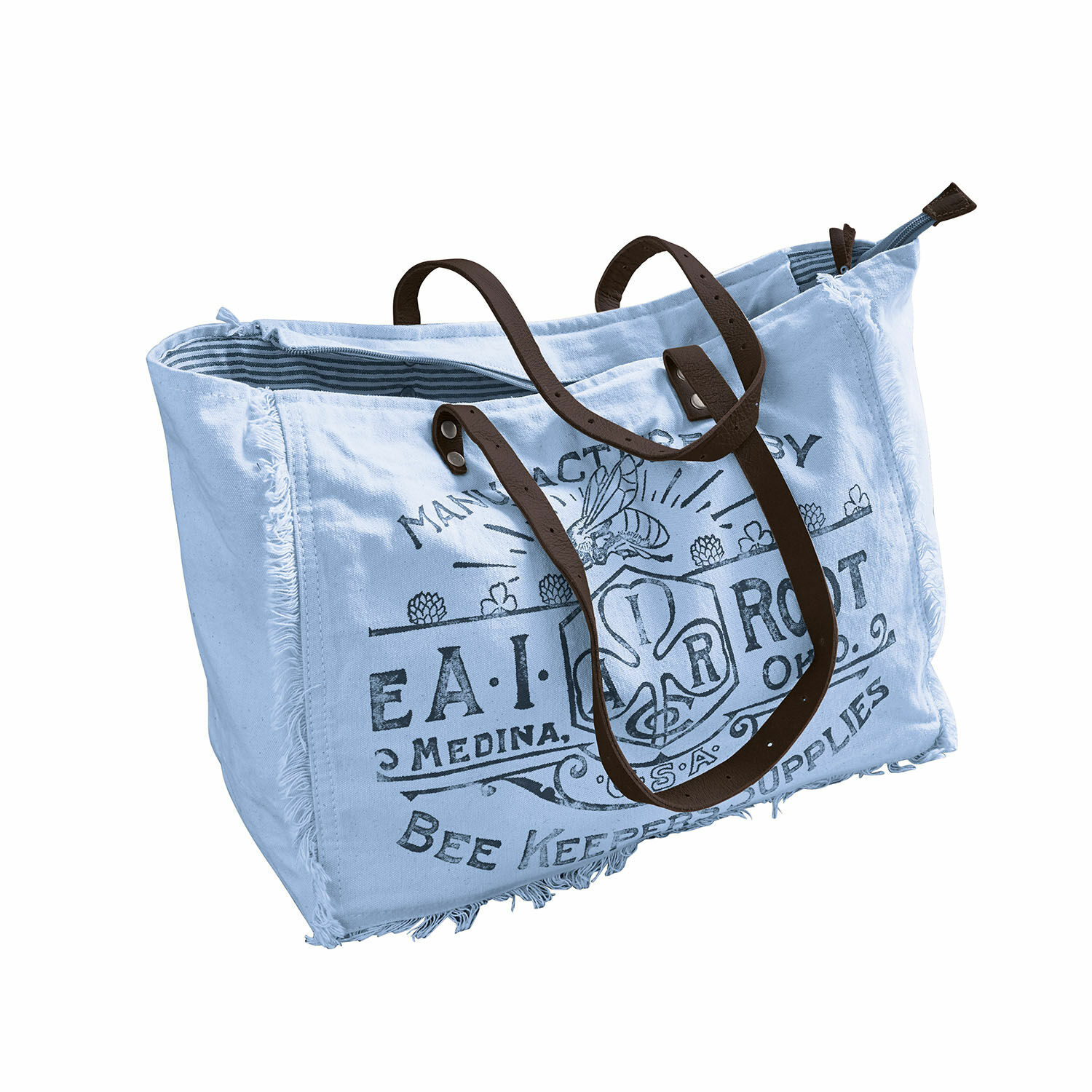 bleu/marron Sac CLOE en coton bleu avec poignées en cuir marron et imprimé vintage pour un style décontracté
