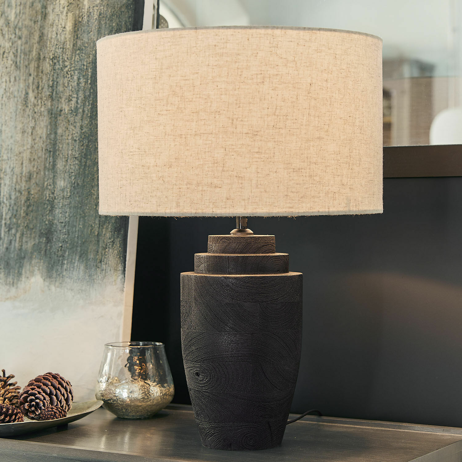 Lampe à poser Daphielle Lampe de table en bois noir avec abat-jour beige, éclairage d'intérieur, décoration salon