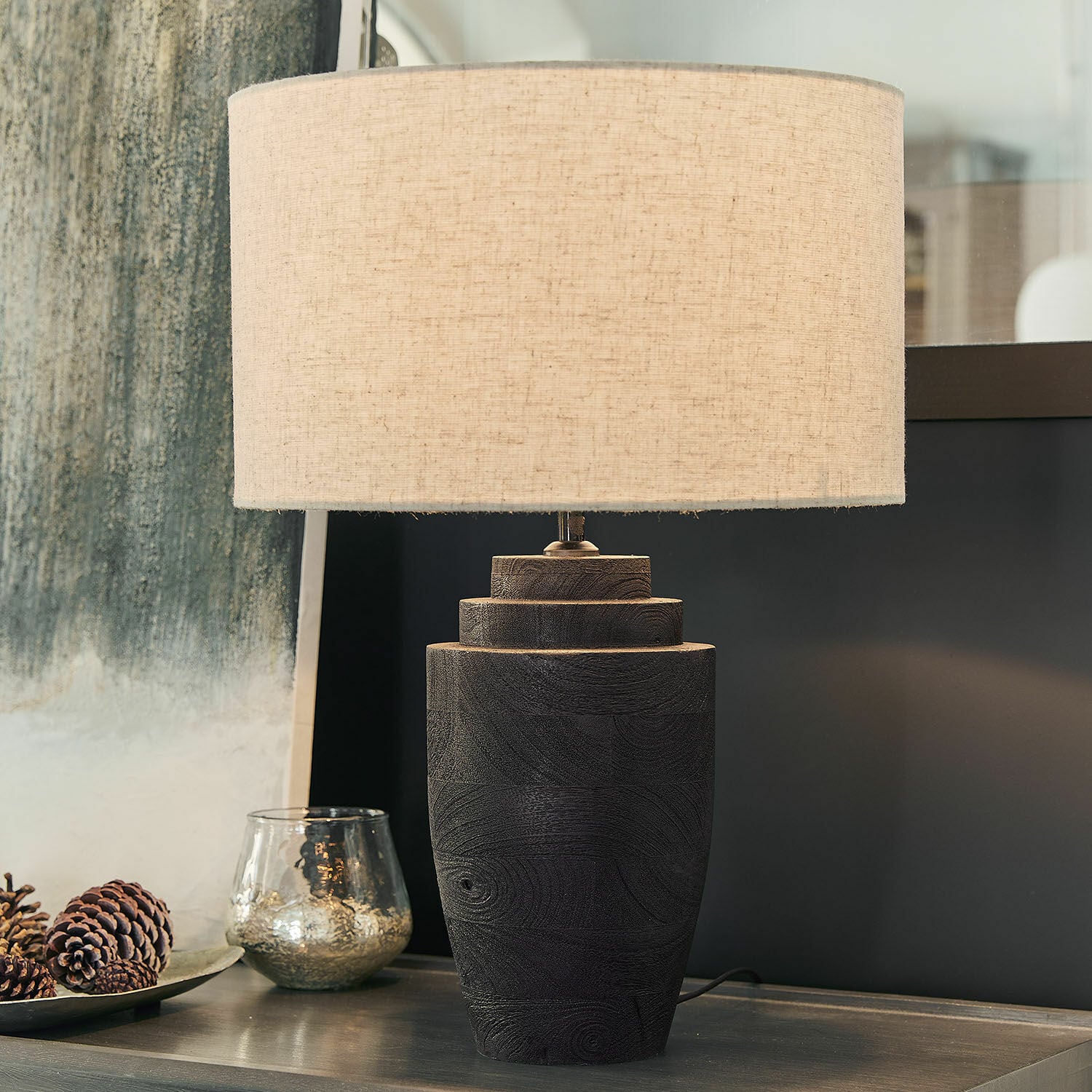 Lampe à poser Daphielle Lampe de table en bois noir avec abat-jour beige, éclairage d'intérieur, décoration salon