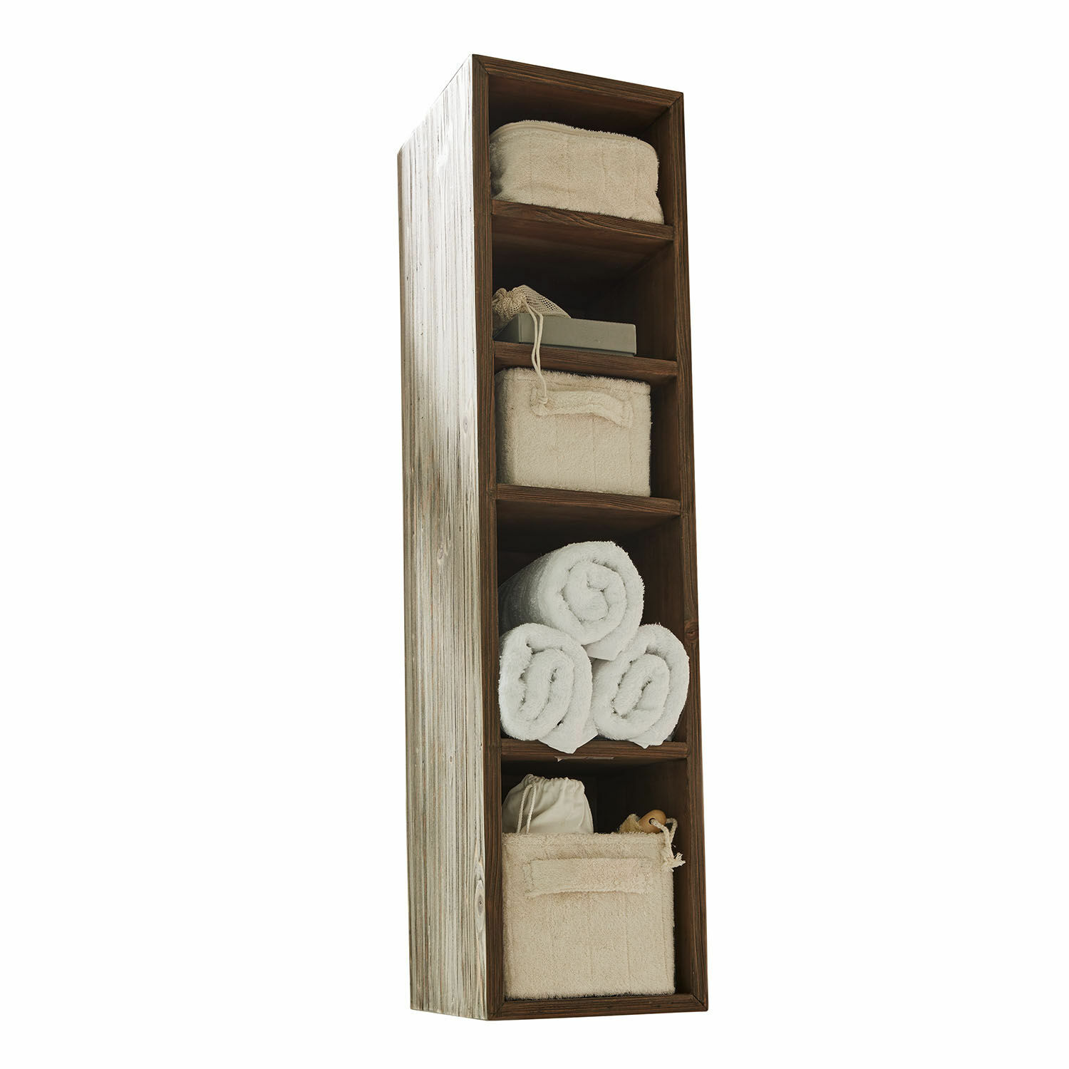 Étagère murale Greenhaven Étagère en bois à cinq compartiments avec paniers beige et serviettes blanches pour rangement pratique