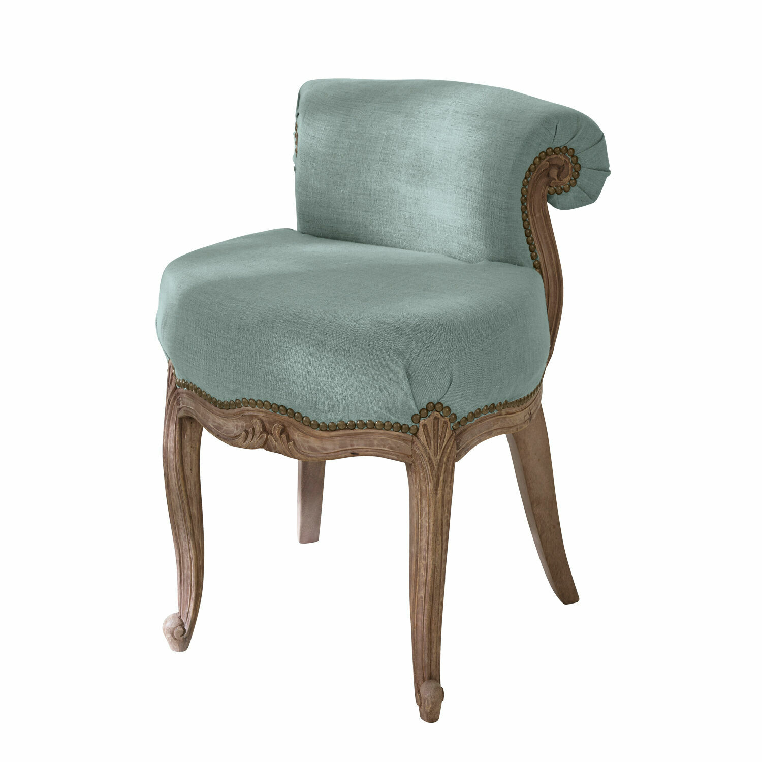 bleu Fauteuil Rivel en tissu bleu avec cadre en bois sculpté, style vintage élégant pour salon