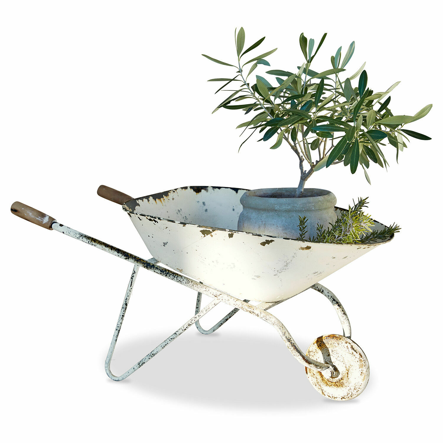 Brouette décorative Padoux Brouette en métal blanc vieilli avec pot et plantes vertes, décoration de jardin rustique