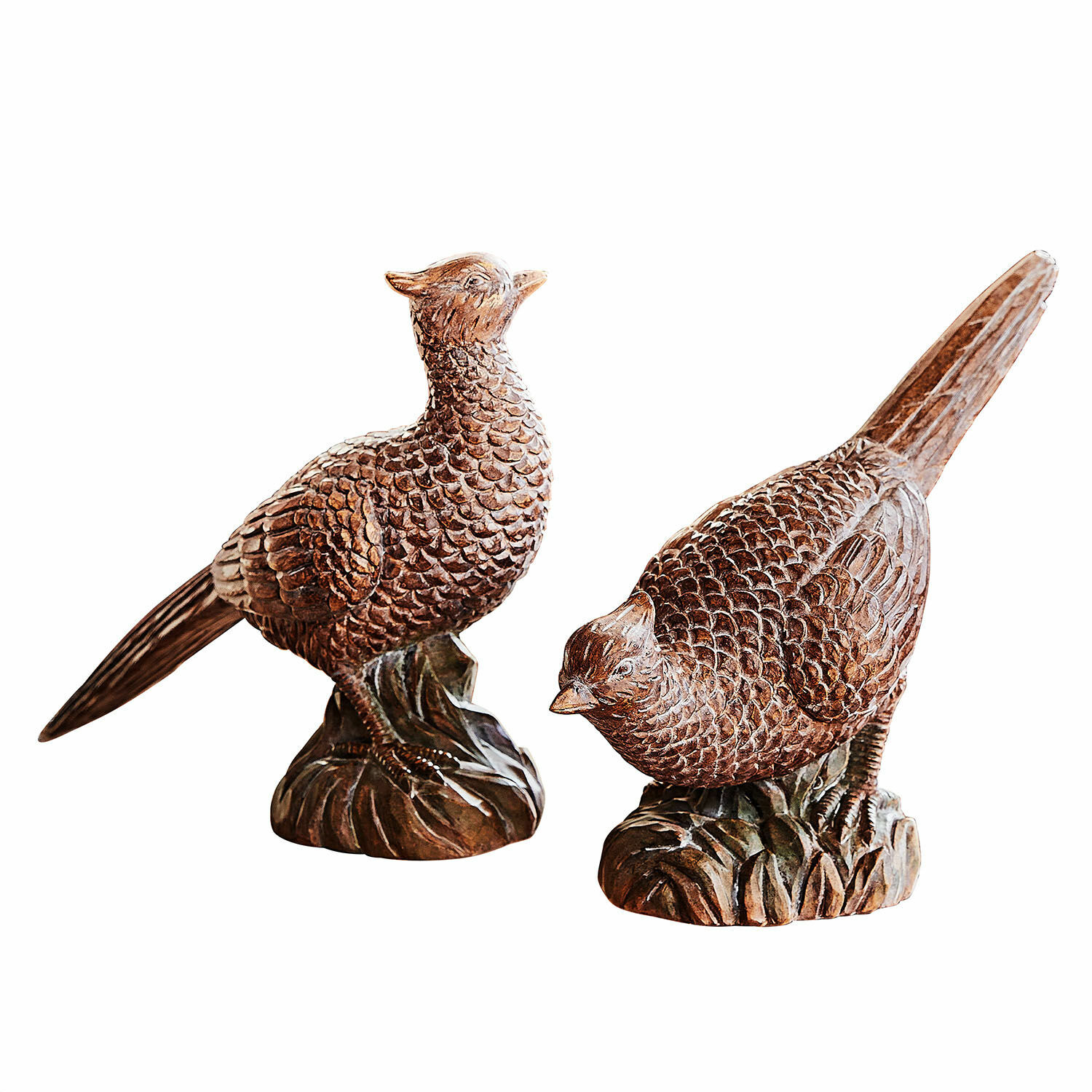 Lot de 2 oiseaux décoratifs Vivoso Sculptures d'oiseaux en bois brun sur socle, décoration rustique pour intérieur et jardin