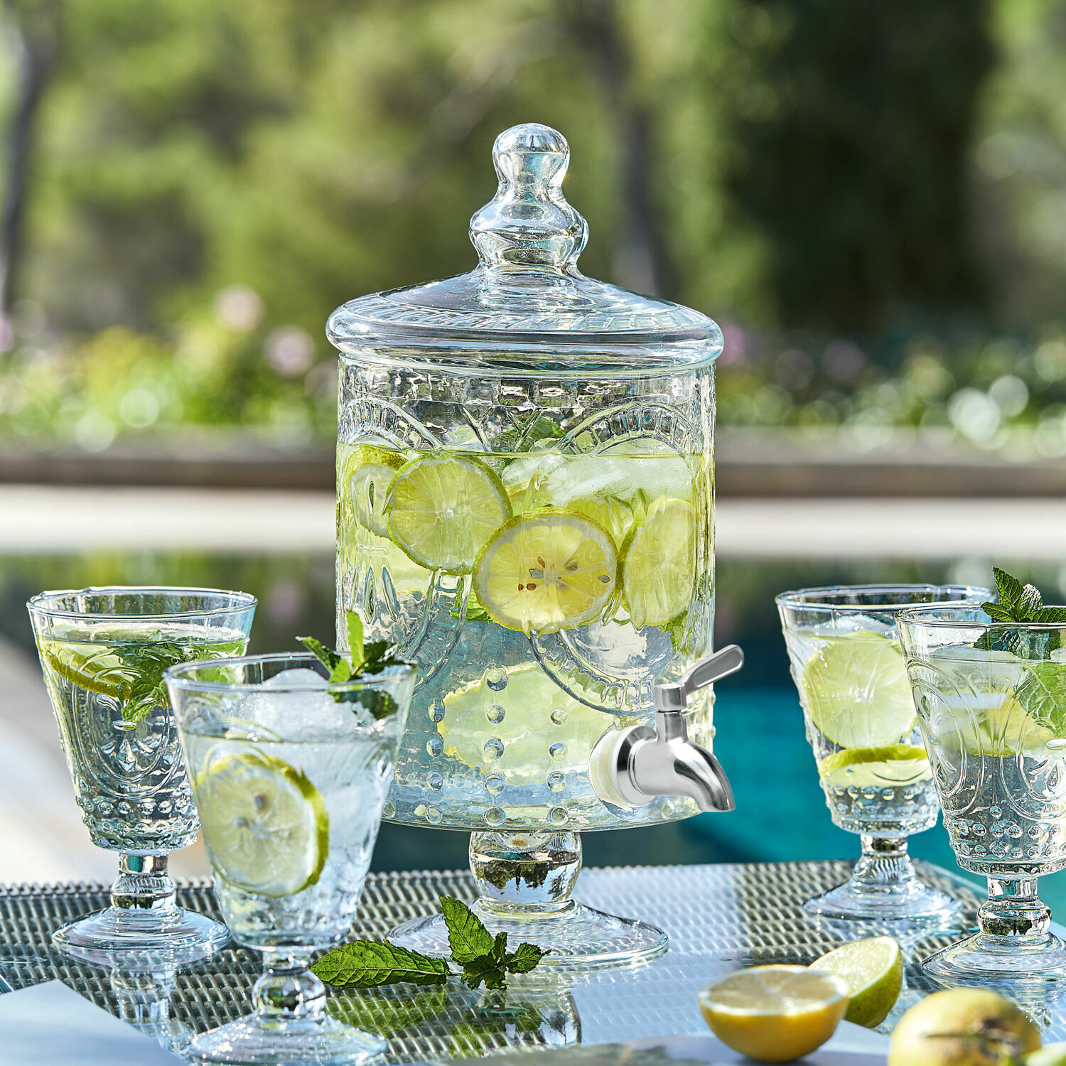 Distributeur de boisson Lys Distributeur de boissons en verre avec couvercle et robinet, citron et menthe, parfait pour les fêtes d'été