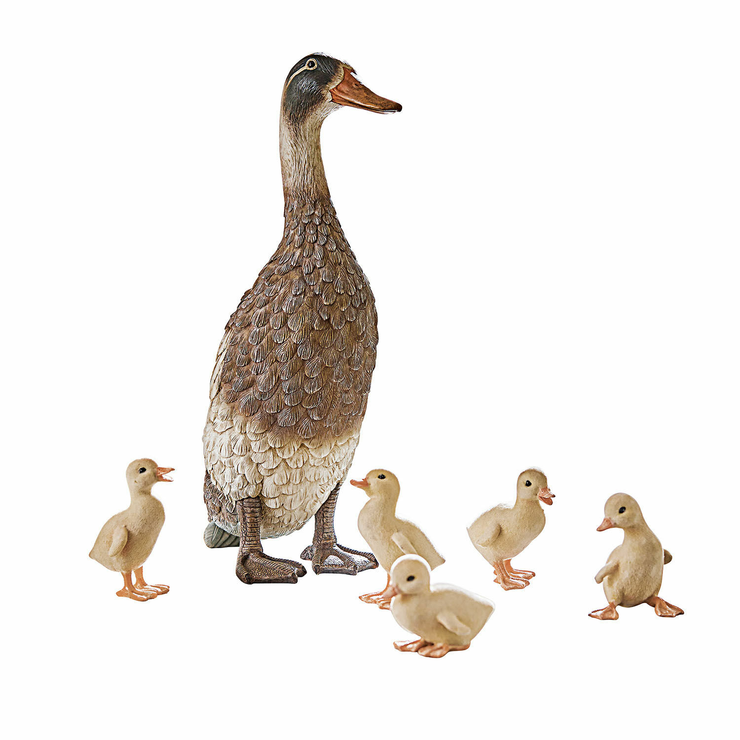 Lot de 5 canetons et un canard Levevre Figurine de canard avec cinq canetons en nuances naturelles de brun et crème, décoration rustique