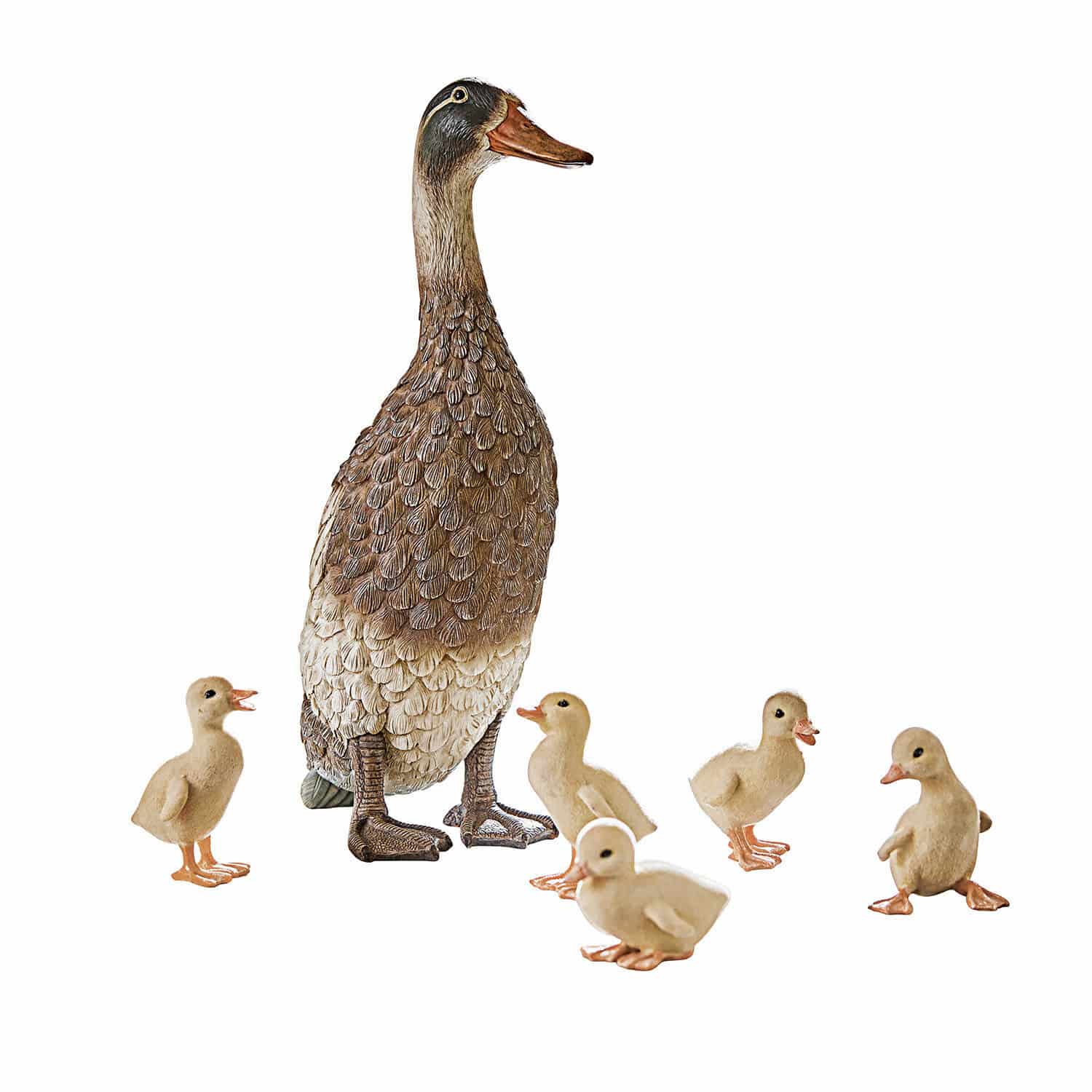 Lot de 5 canetons et un canard Levevre Figurine de canard avec cinq canetons en nuances naturelles de brun et crème, décoration rustique
