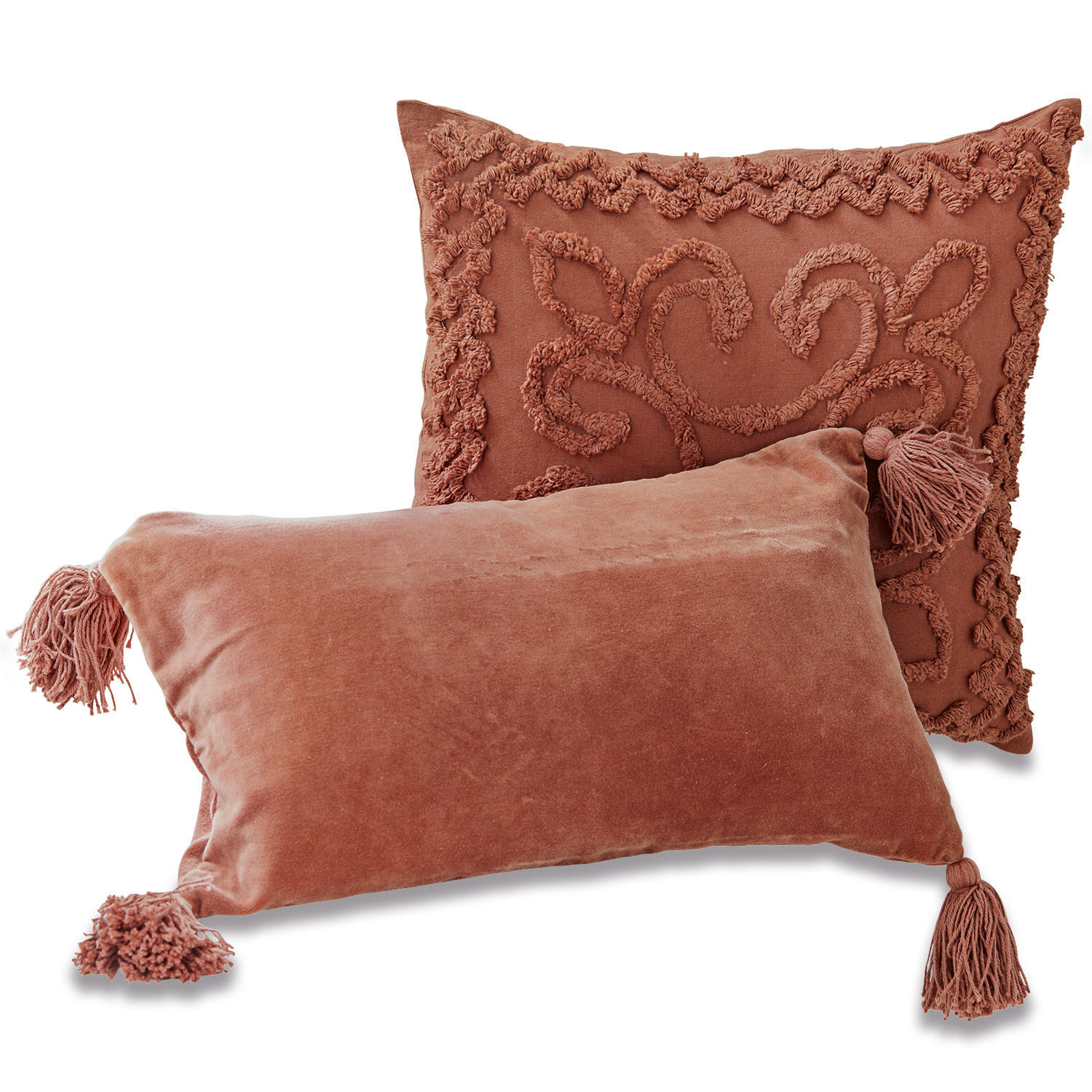 Lot de 2 housses de coussins Posadas Ensemble de deux coussins décoratifs couleur rouille en tissu doux avec pompons pour salon