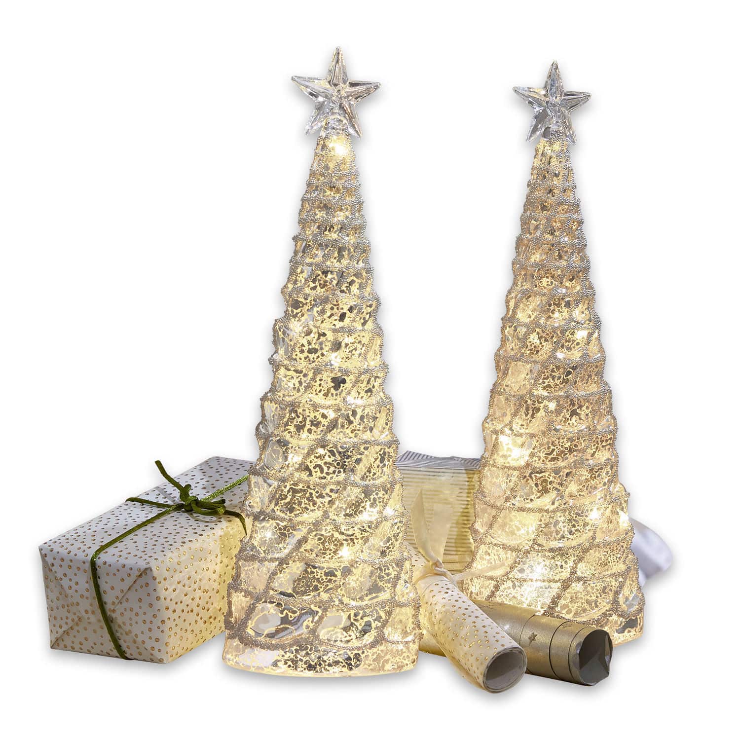 Lot de 2 arbres décoratifs Glitter Deux sapins décoratifs transparents LED avec étoiles au sommet et cadeaux en arrière-plan