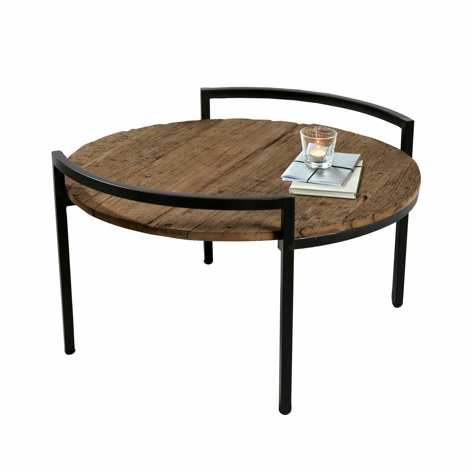 Table basse Rosemill Table basse ronde avec plateau en bois et cadre métallique noir, design moderne pour salon