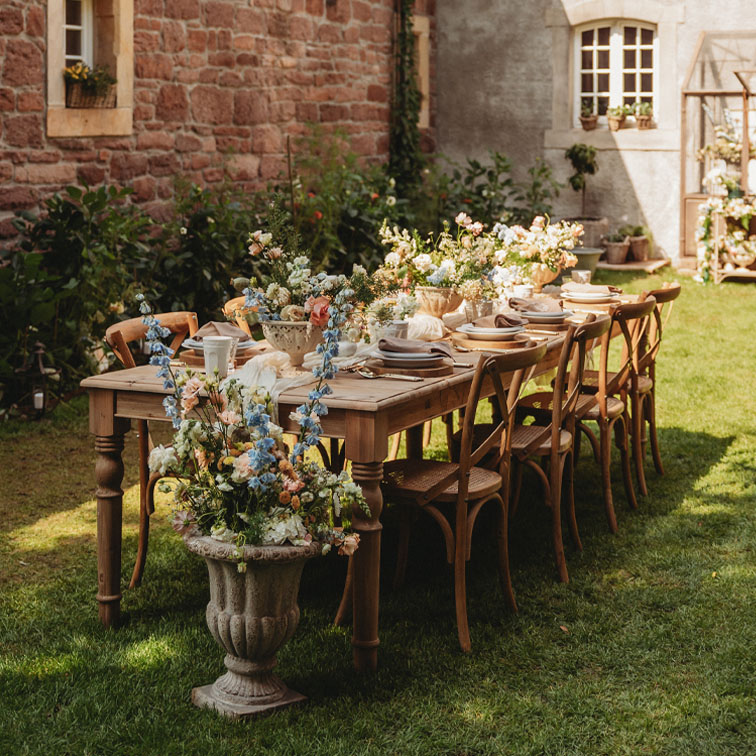 Table de jardin en bois avec décorations florales et chaises sur pelouse verte dans un jardin ensoleillé