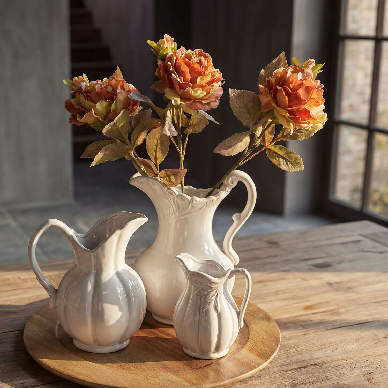 Lot de 3 fleurs décoratives Ambrayelle Trois pichets en céramique blanche sur un plateau en bois avec fleurs artificielles orange dans un intérieur rustique