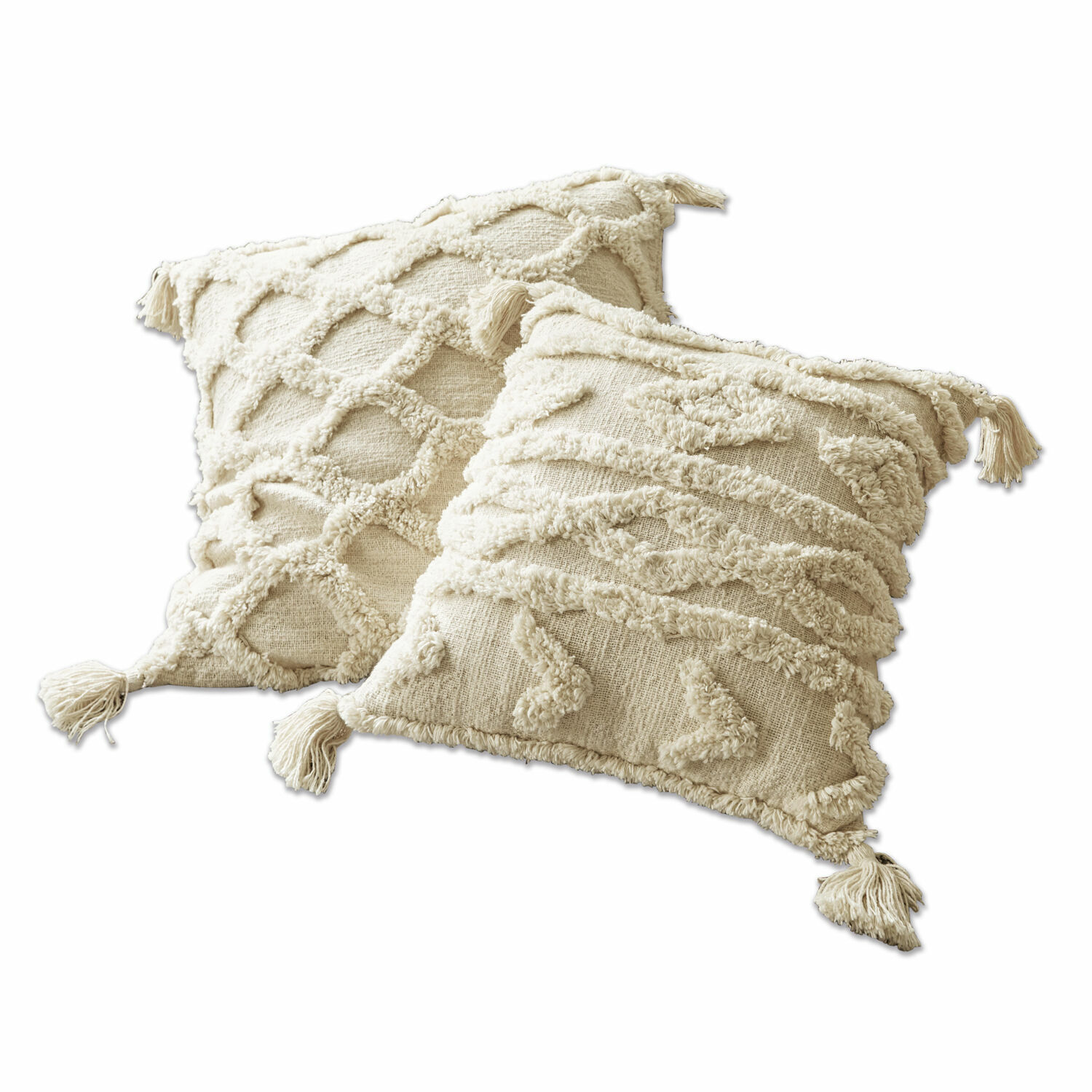 Lot de 2 housses de coussins Linares Lot de deux coussins décoratifs crème en coton avec franges et motifs géométriques texturés