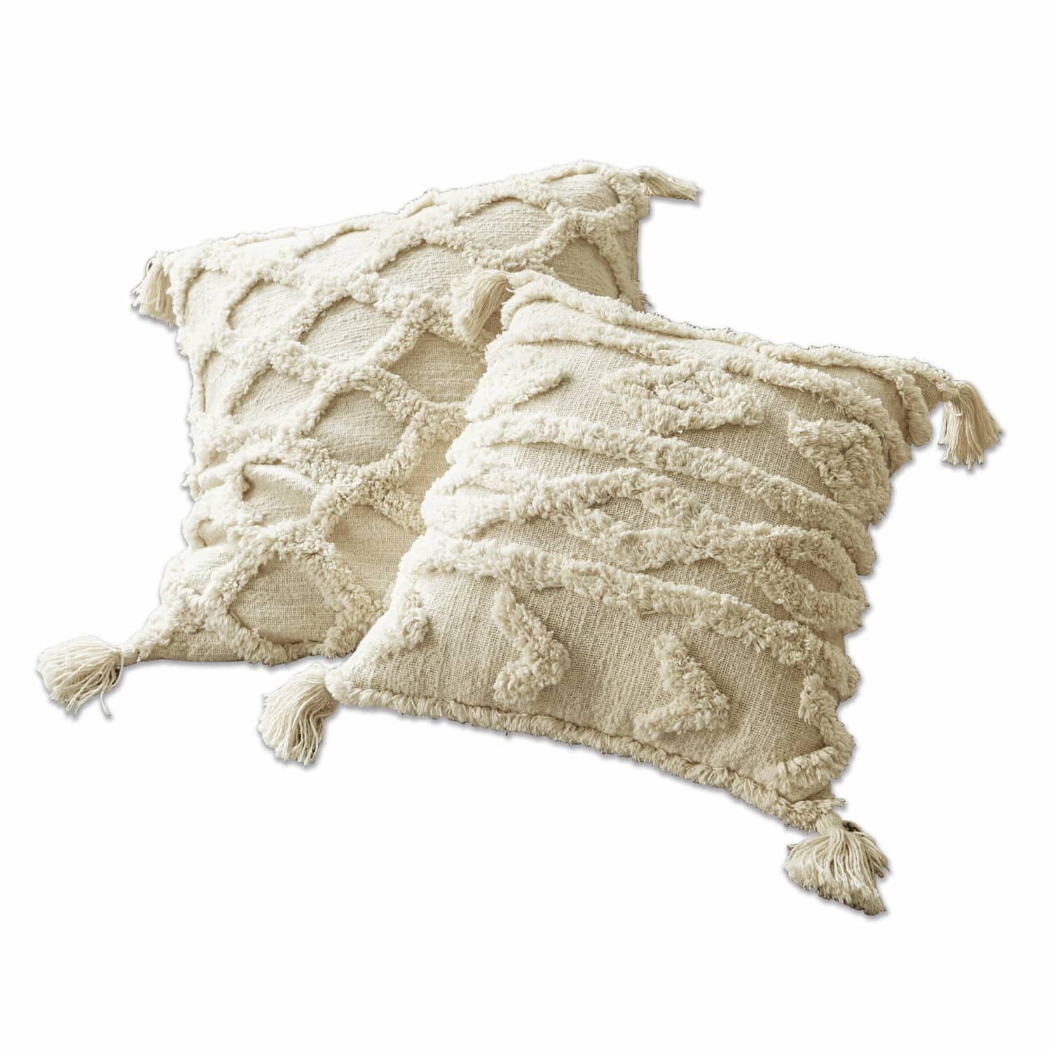 Lot de 2 housses de coussins Linares Lot de deux coussins décoratifs crème en coton avec franges et motifs géométriques texturés