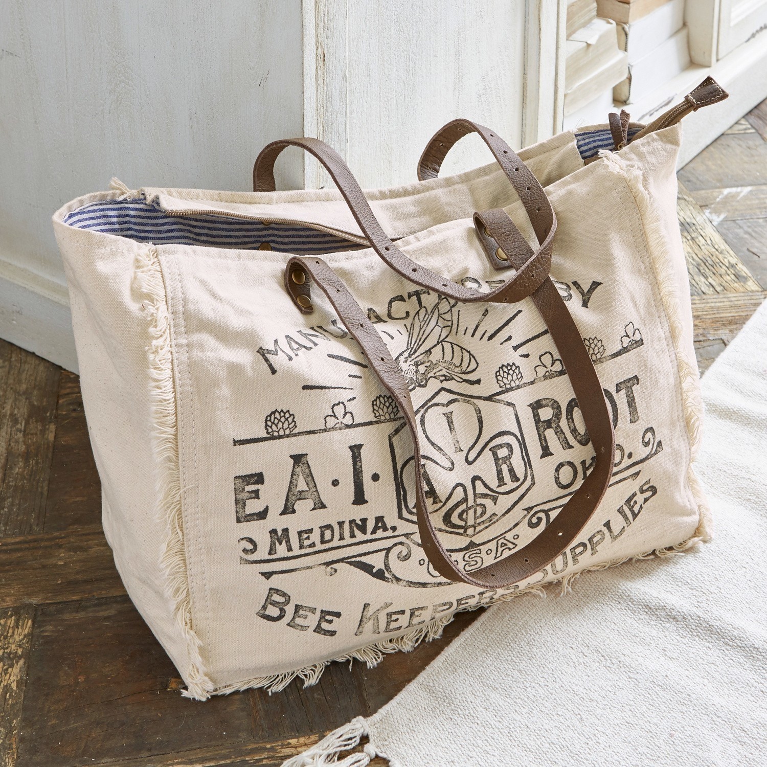 Cabas Cloe Sac en coton beige avec anses en cuir marron et impression abeille, sac pratique pour courses