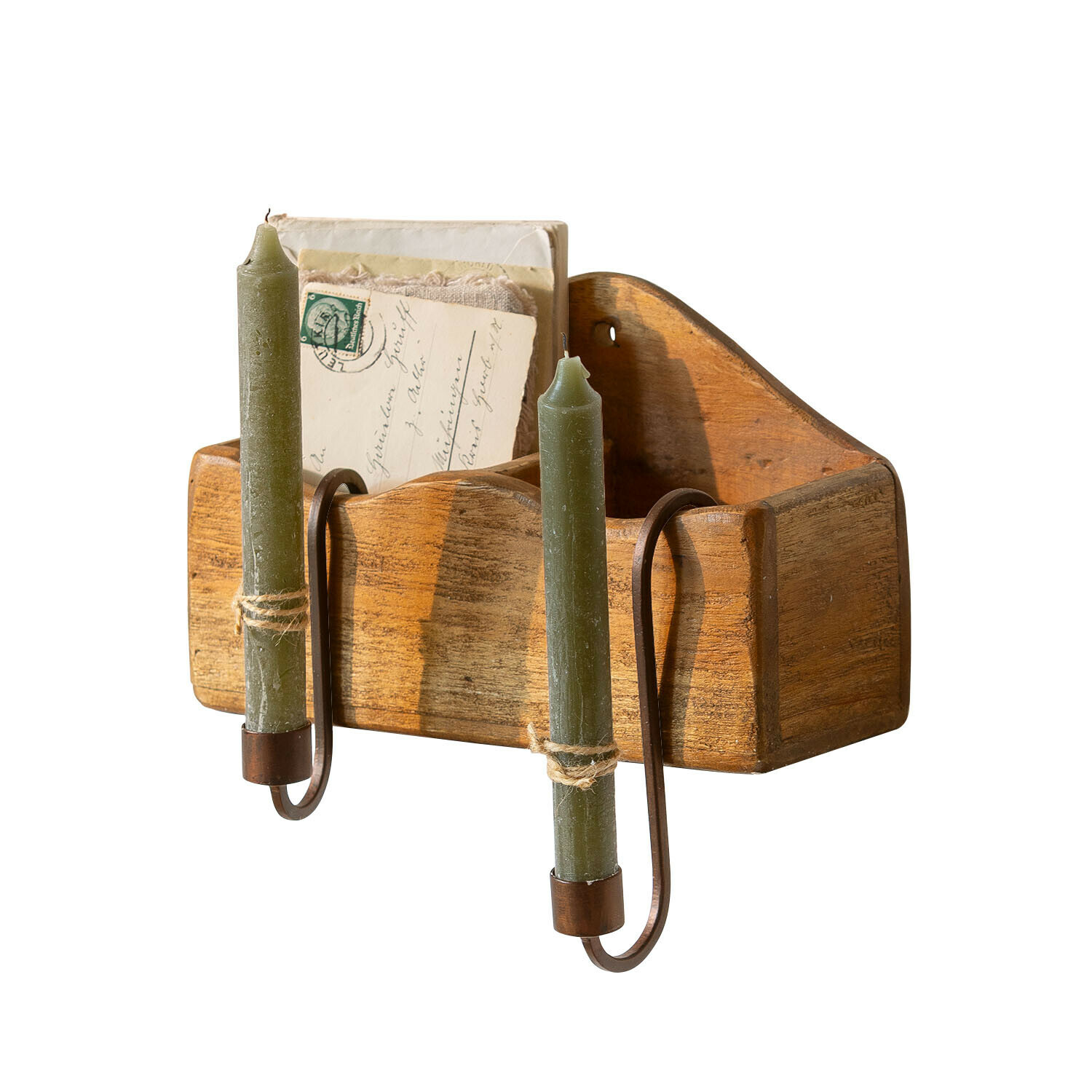 Rangement Lindenhall Boîte murale en bois avec supports métalliques pour bougies vertes et rangement de lettres