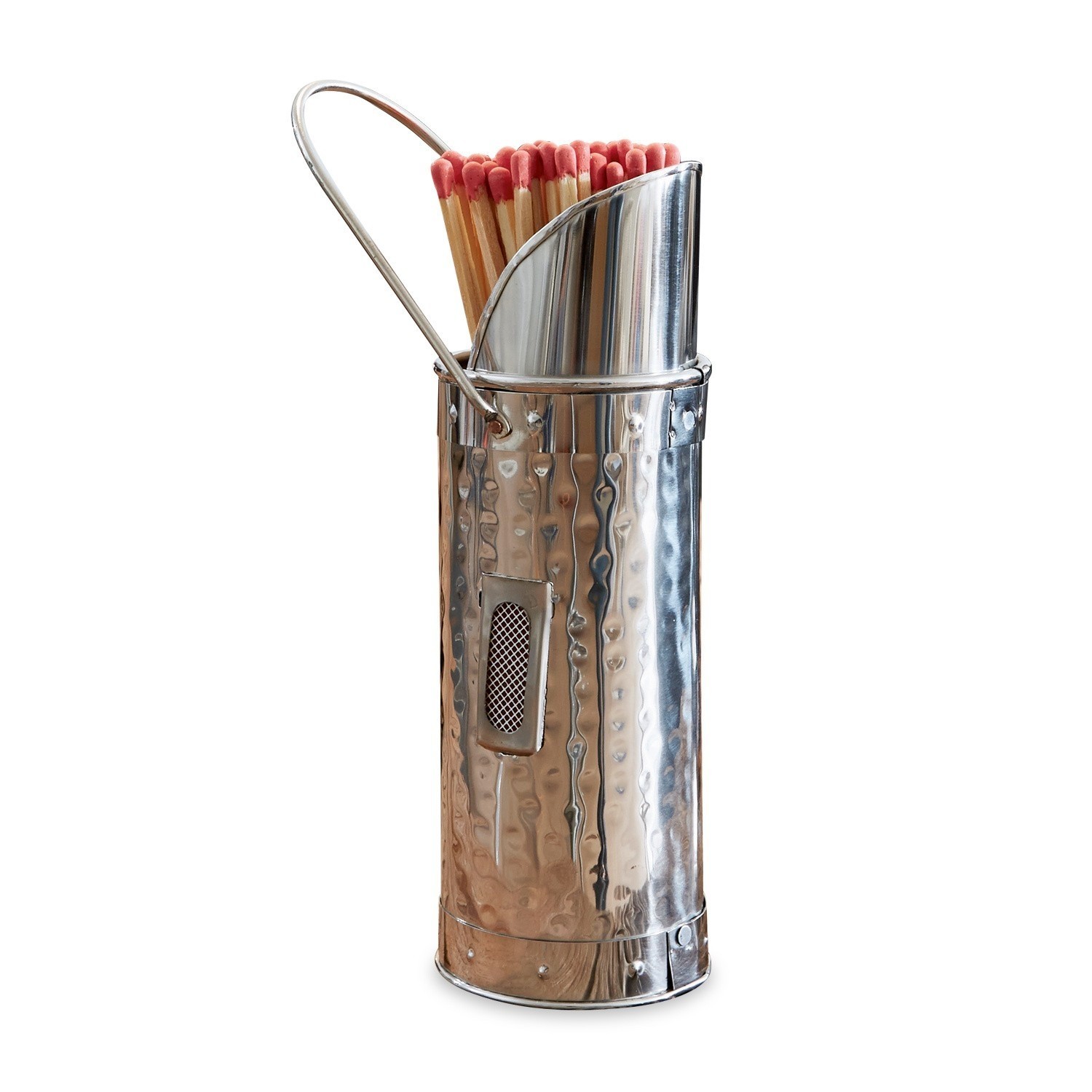 Porte-allumettes Grimsby en métal argenté avec poignée et allumettes à tête rouge