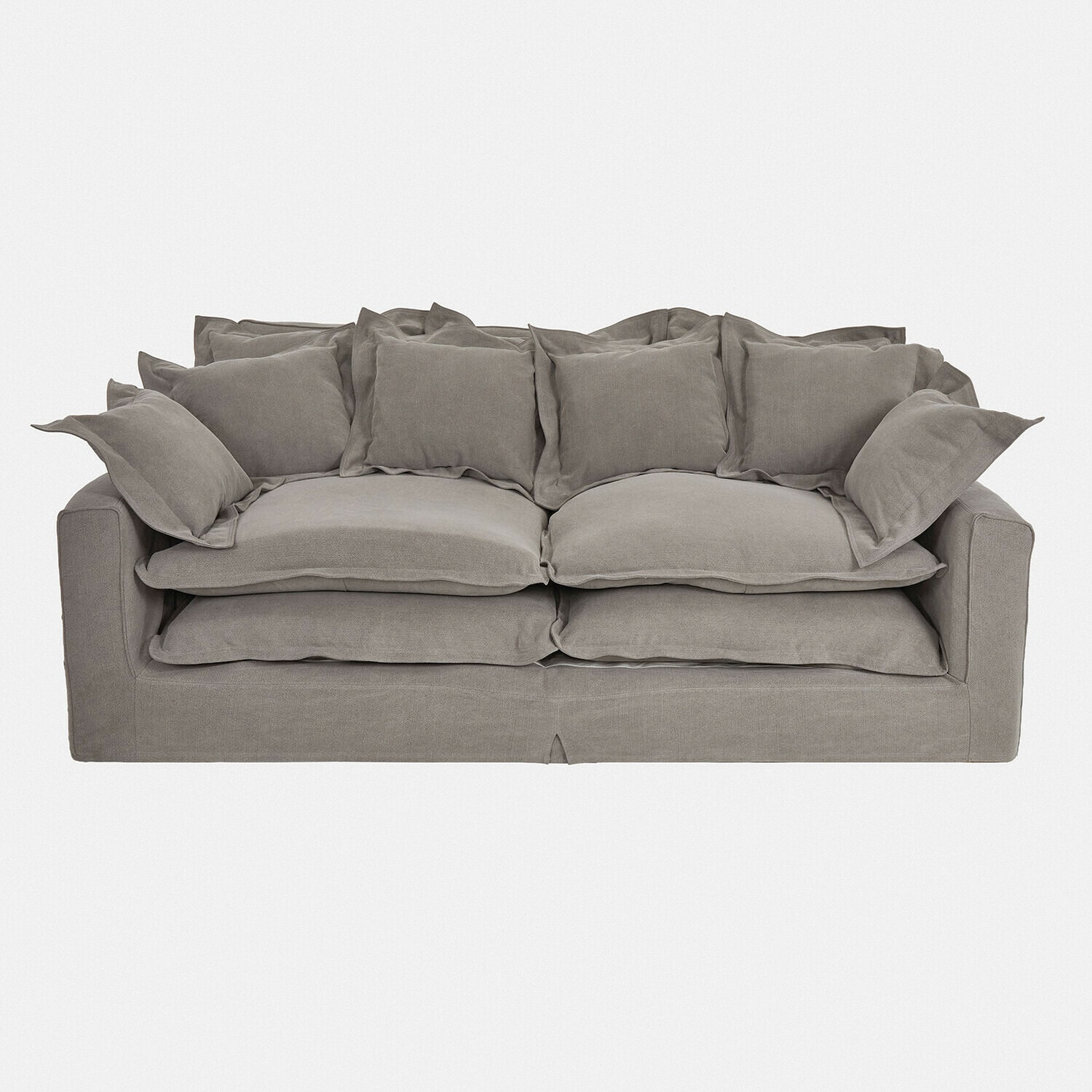 Canapé Terell gris en tissu doux avec plusieurs coussins, confortable pour salon moderne